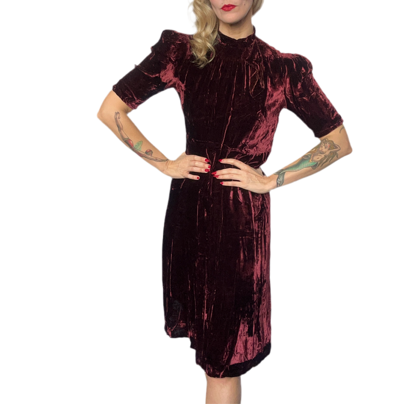 1930s Burgundy Silk Velvet Dress - Petite Medium