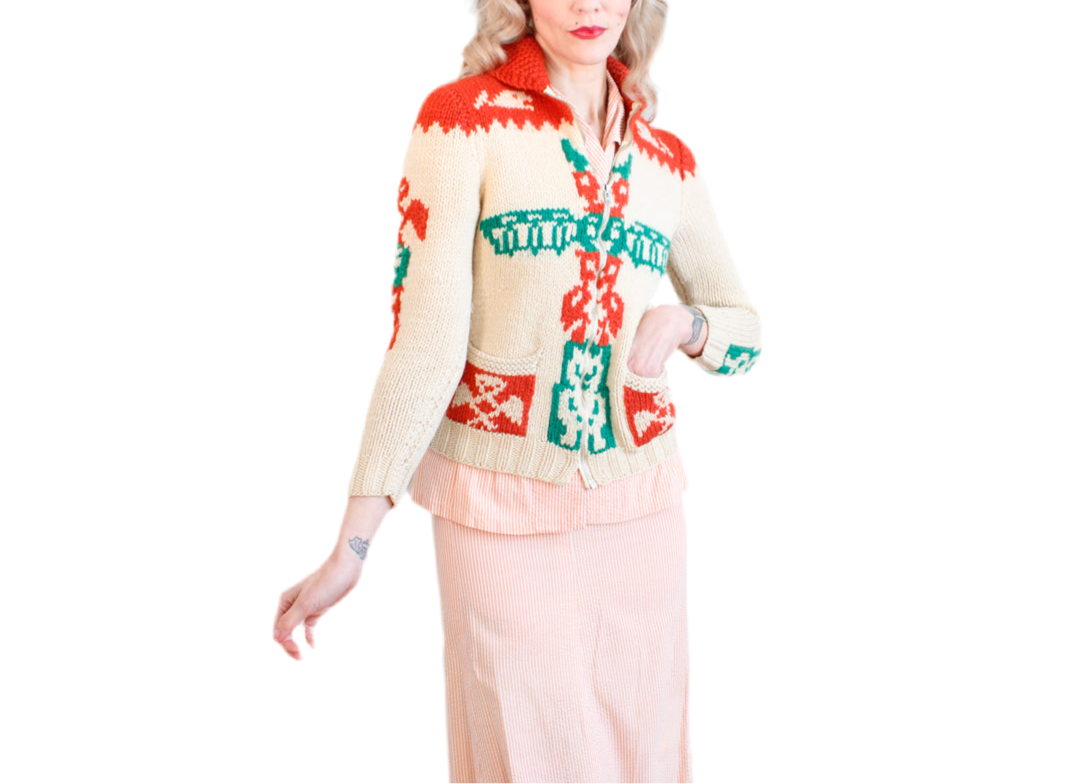 Late 1950s Cowichan Totem Pole Curling Sweater - Xsmall