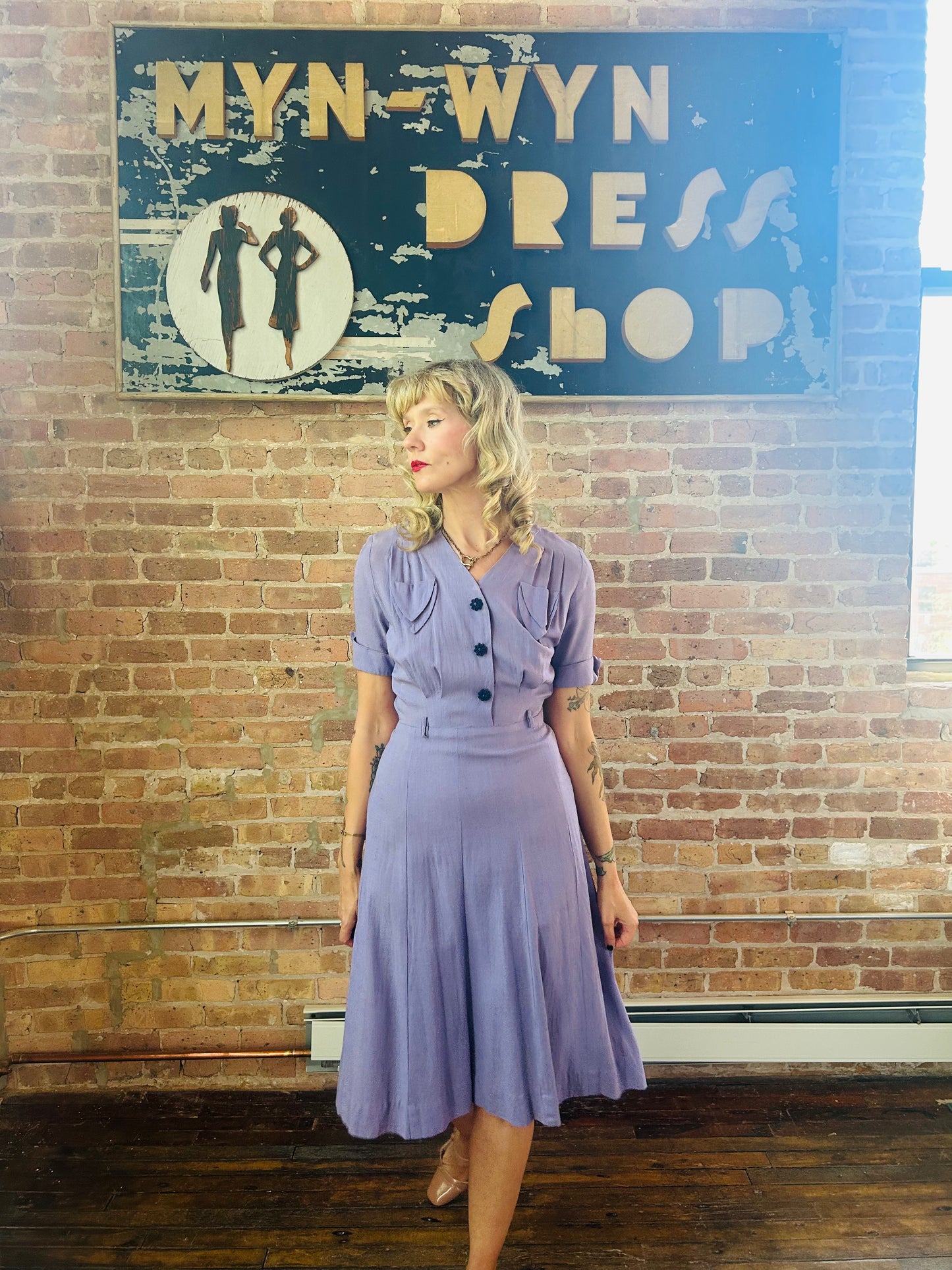 Early 1940s Linen Purple Day Dress - Small