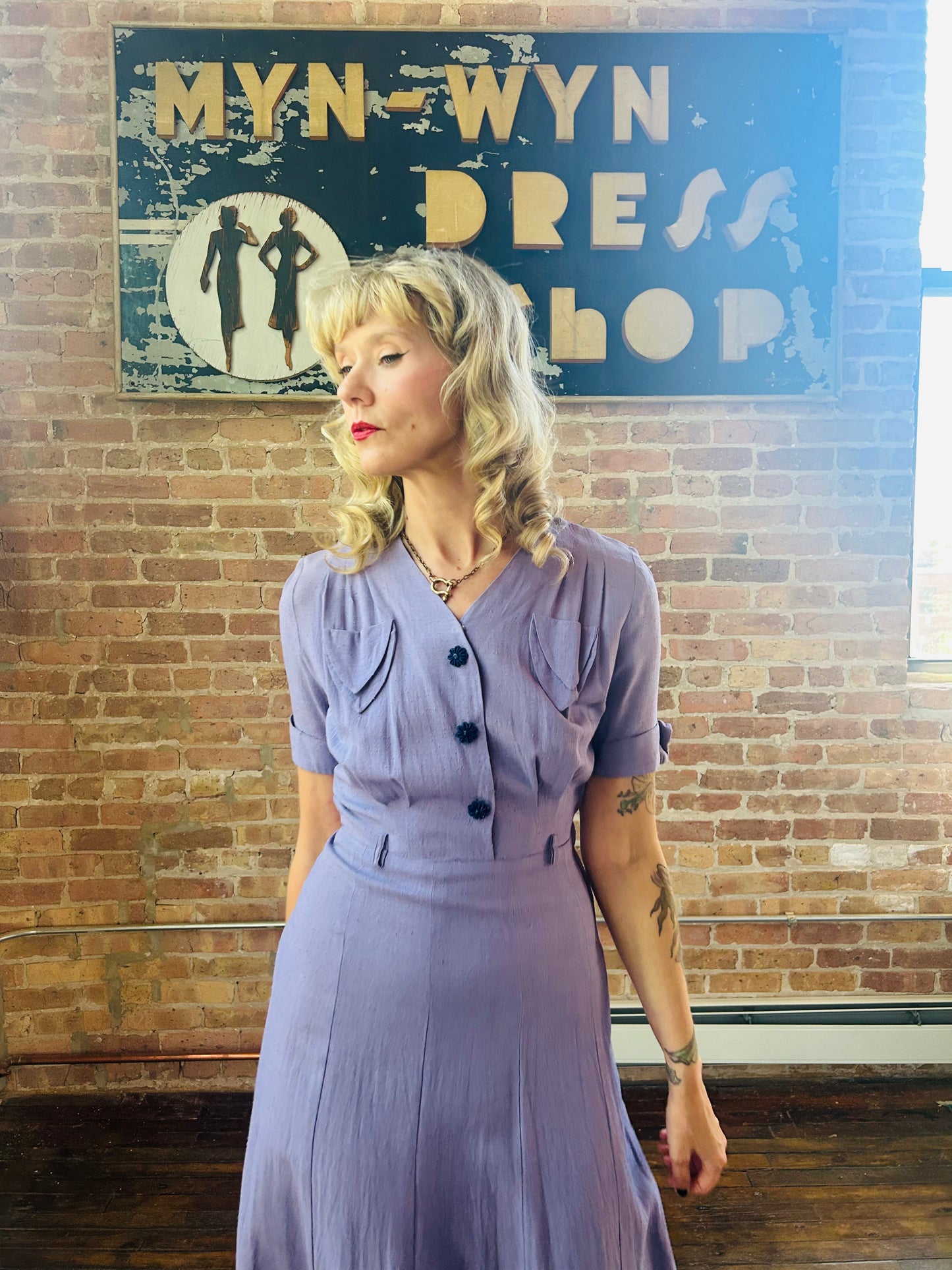 Early 1940s Linen Purple Day Dress - Small