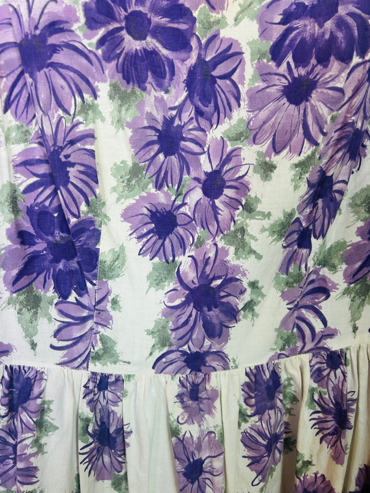 1950s Purple Floral Cotton Dress - Large