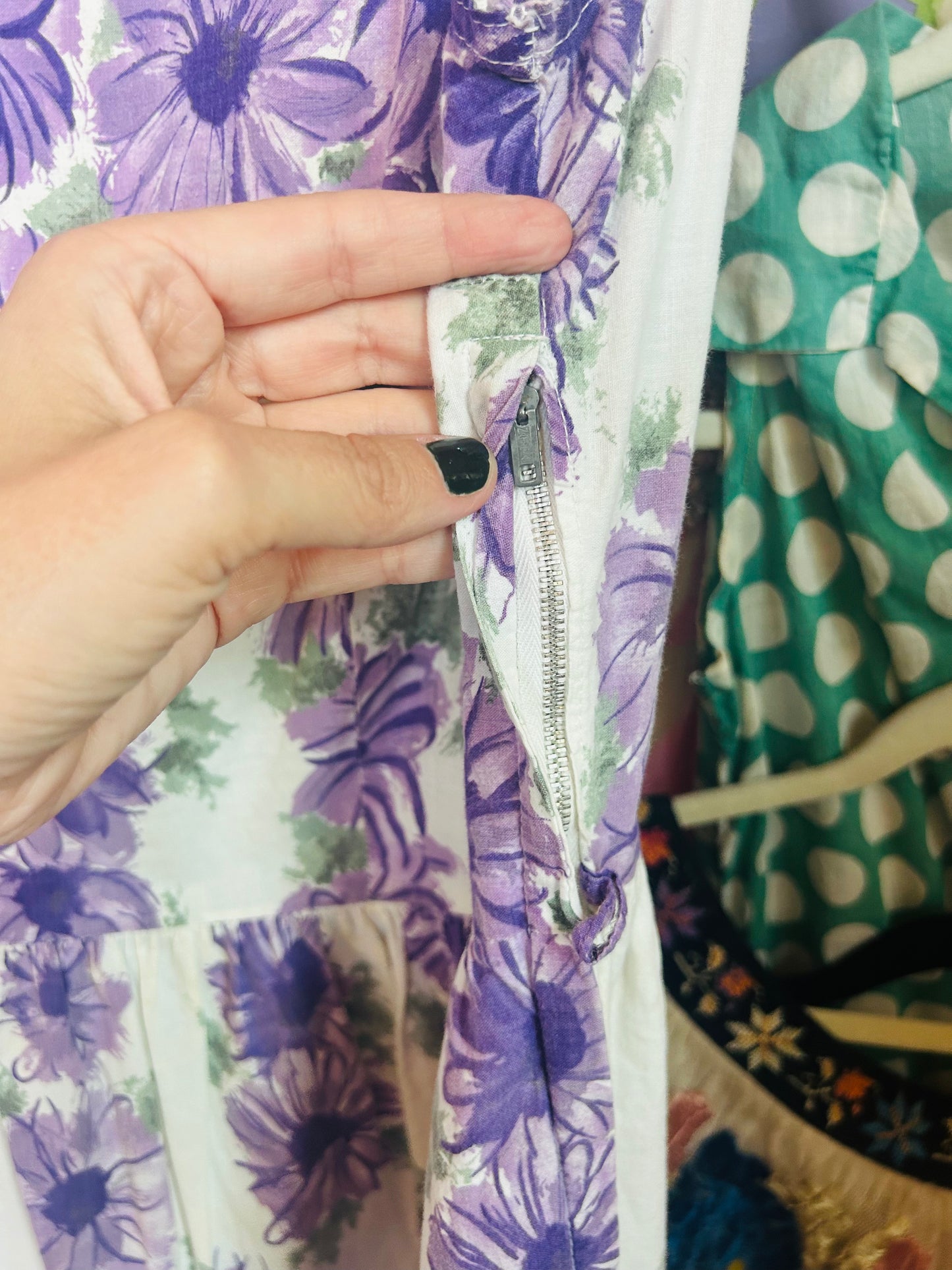 1950s Purple Floral Cotton Dress - Large