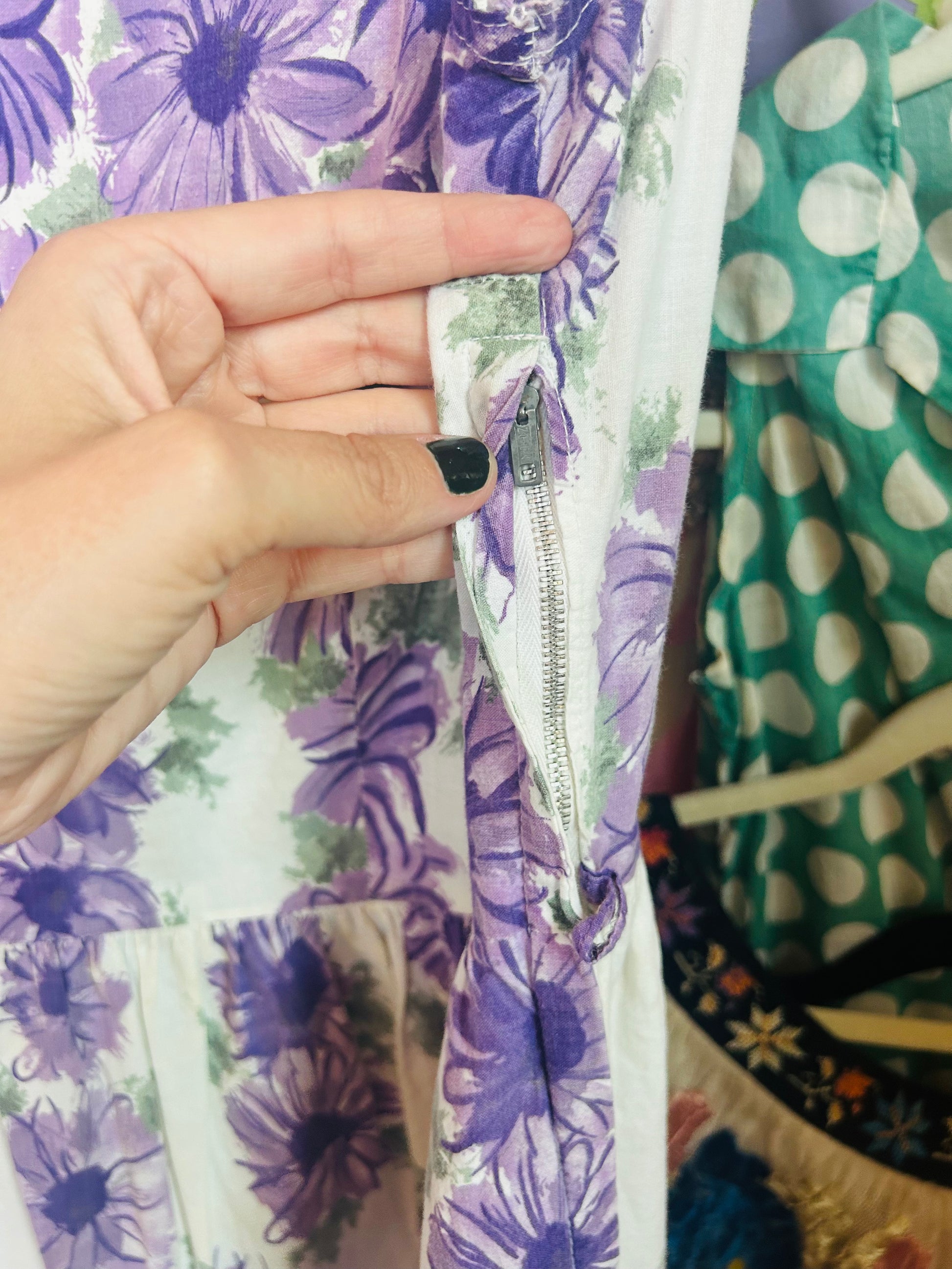 1950s Purple Floral Cotton Dress - Large