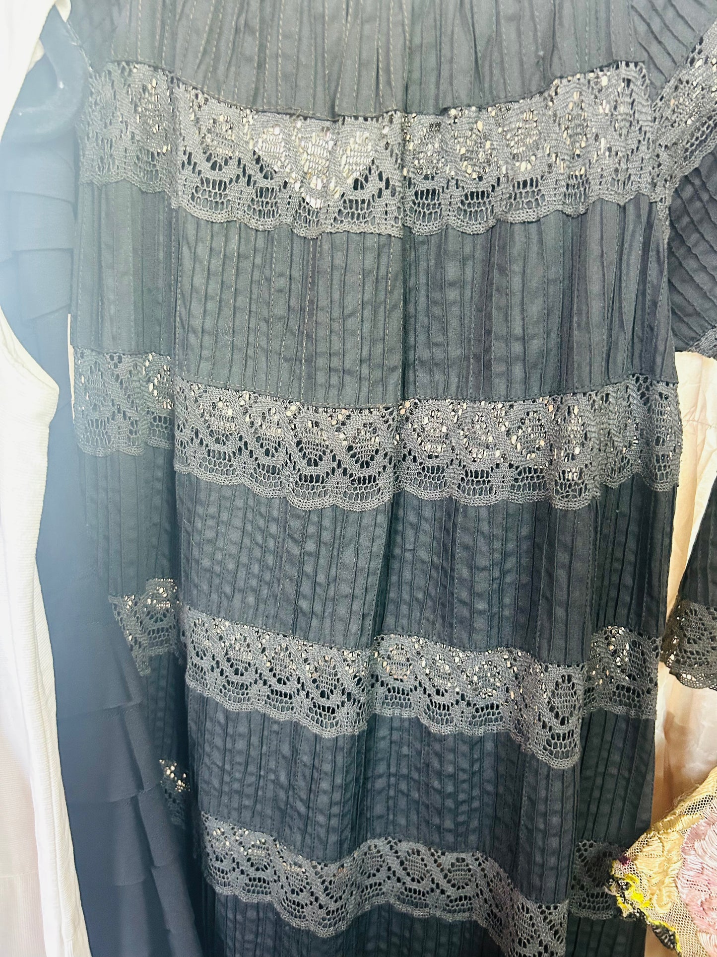 1970s Black Lace & Cotton Maxi Dress - Medium