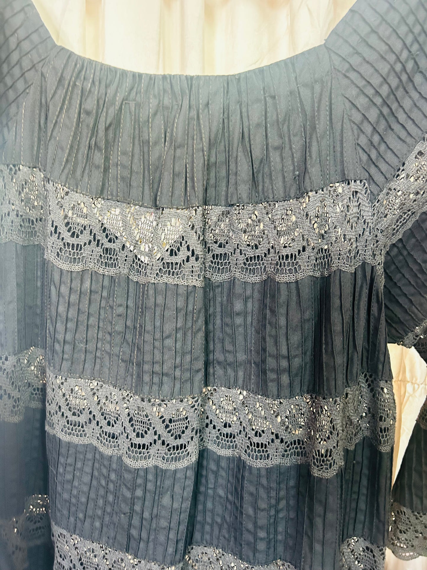 1970s Black Lace & Cotton Maxi Dress - Medium