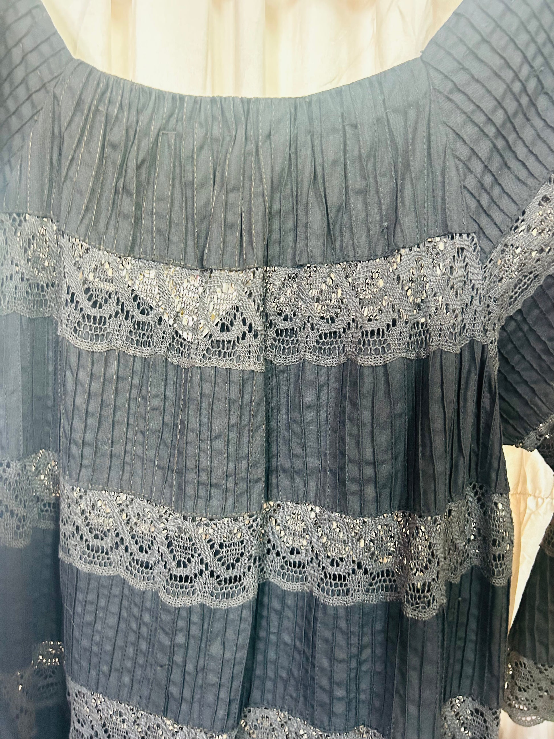 1970s Black Lace & Cotton Maxi Dress - Medium