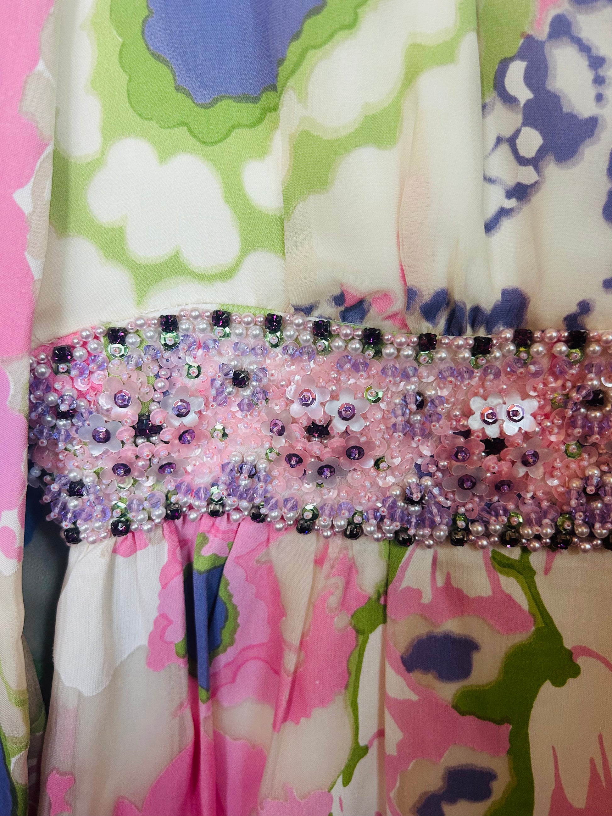 1960s Silk Floral Jewel Encrusted Bonwit Teller Maxi Gown - Small to Medium