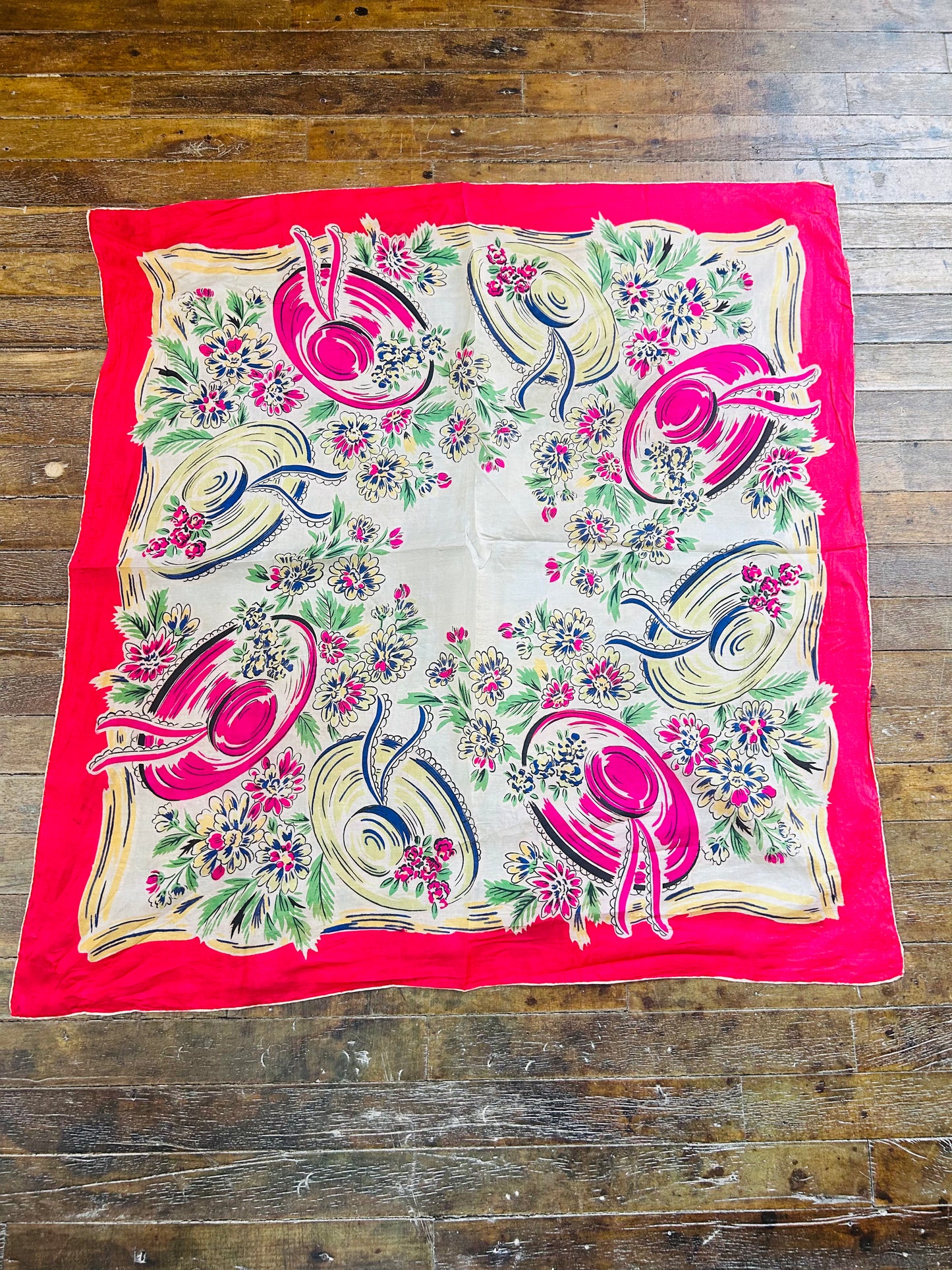 1940s Novelty Hat Print Scarf