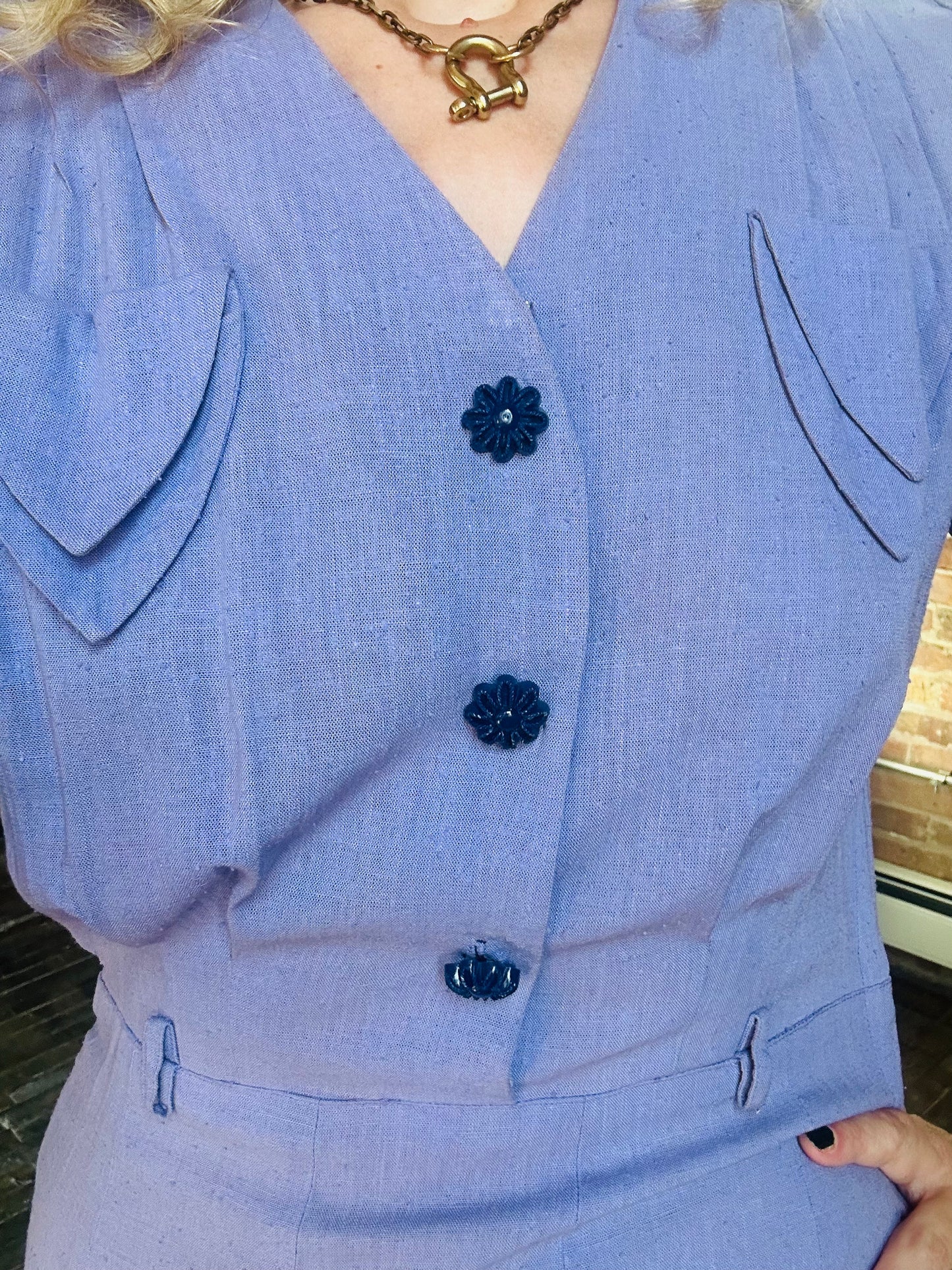 Early 1940s Linen Purple Day Dress - Small