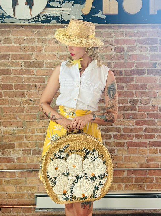 1960s Oversized Straw Floral Bag from Jamaica
