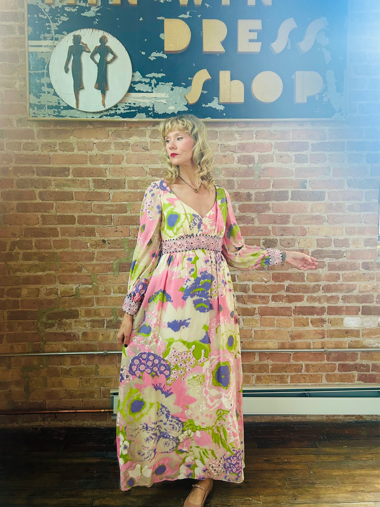 1960s Silk Floral Jewel Encrusted Bonwit Teller Maxi Gown - Small to Medium