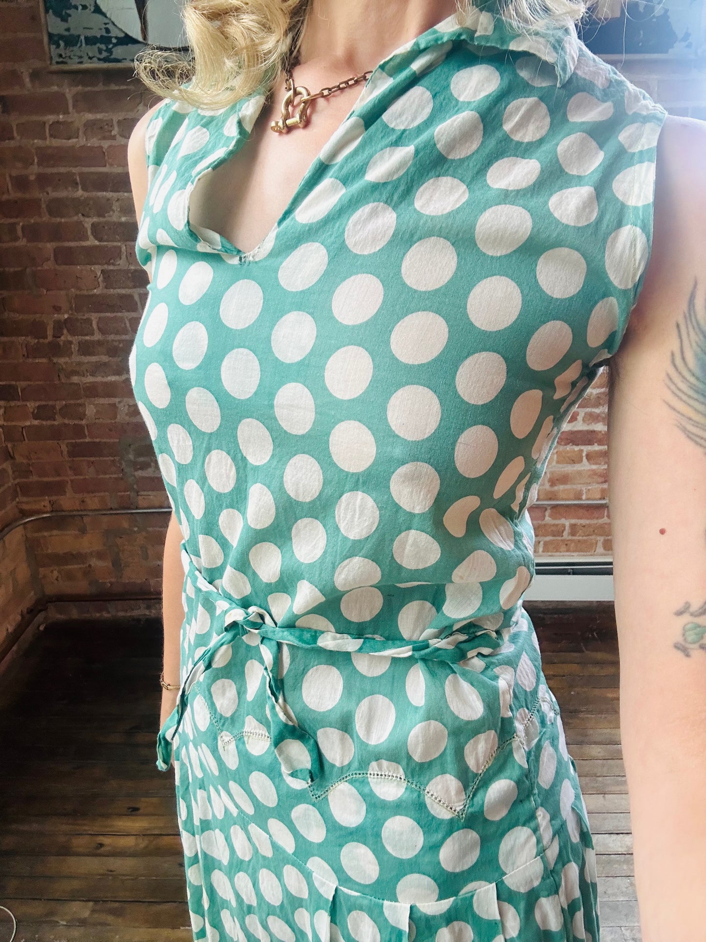 1920s Jerry Jean Polka Dot Cotton Day Dress - Small