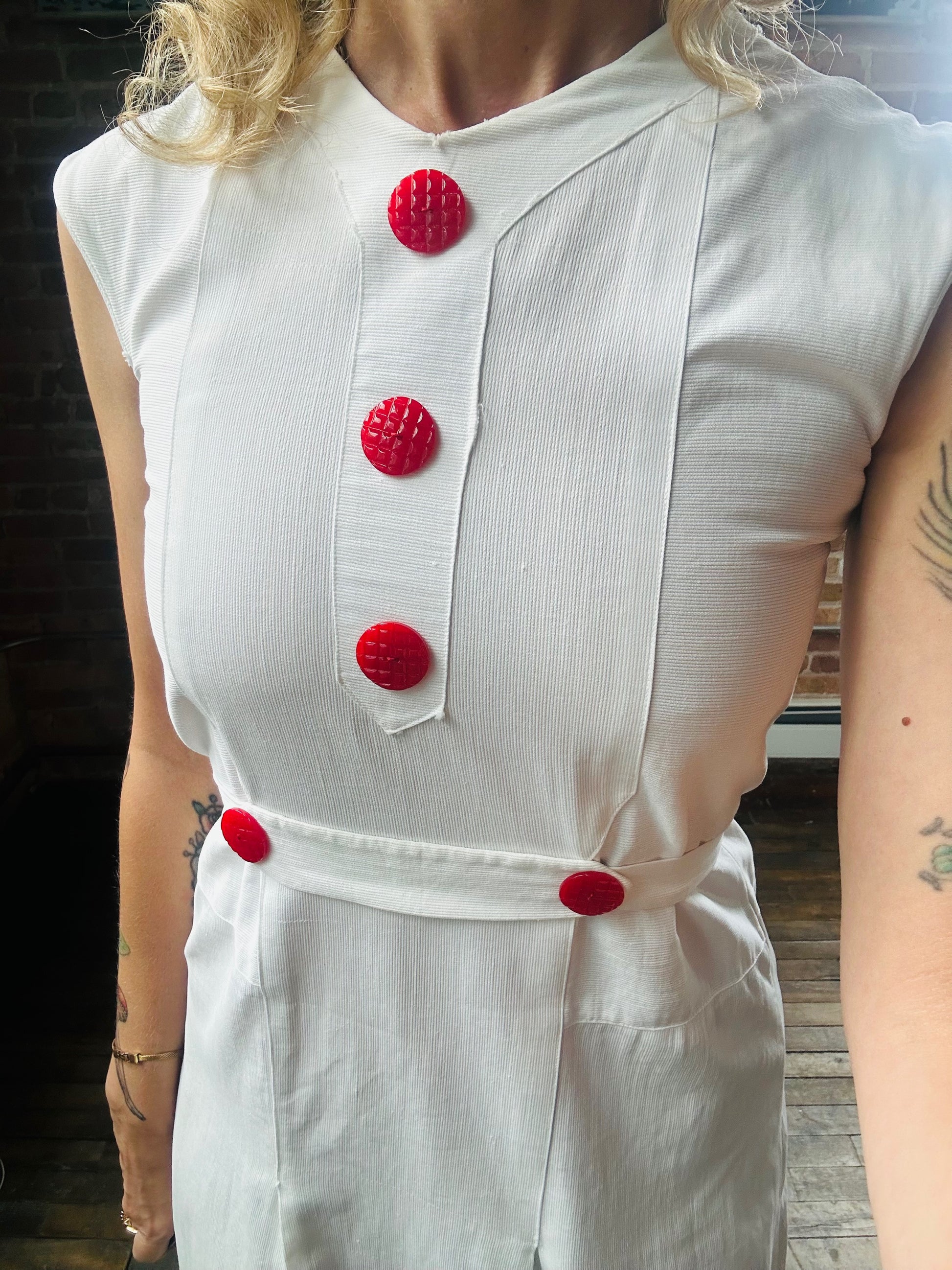 1930s White Deco Beach Dress - Small