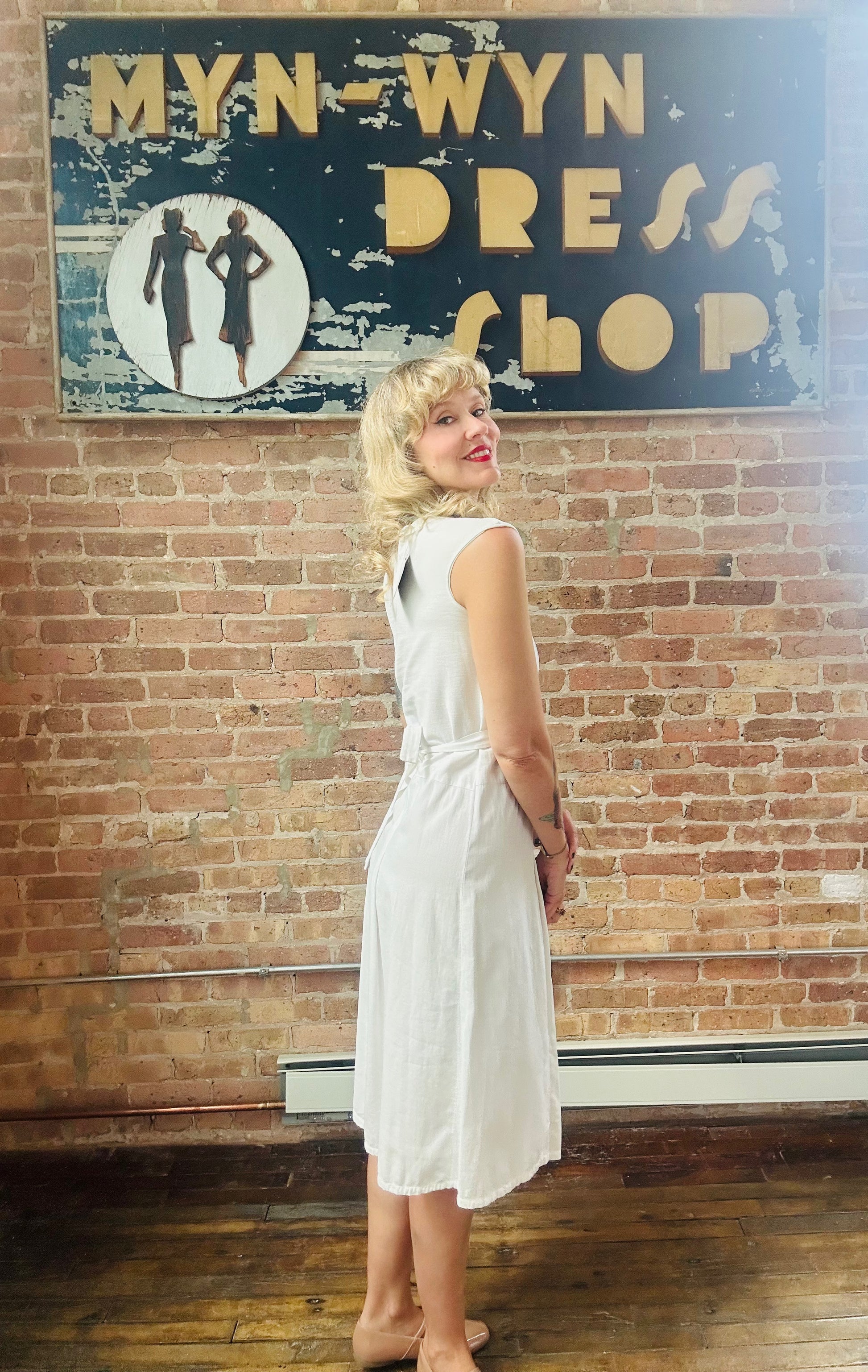 1930s White Deco Beach Dress - Small
