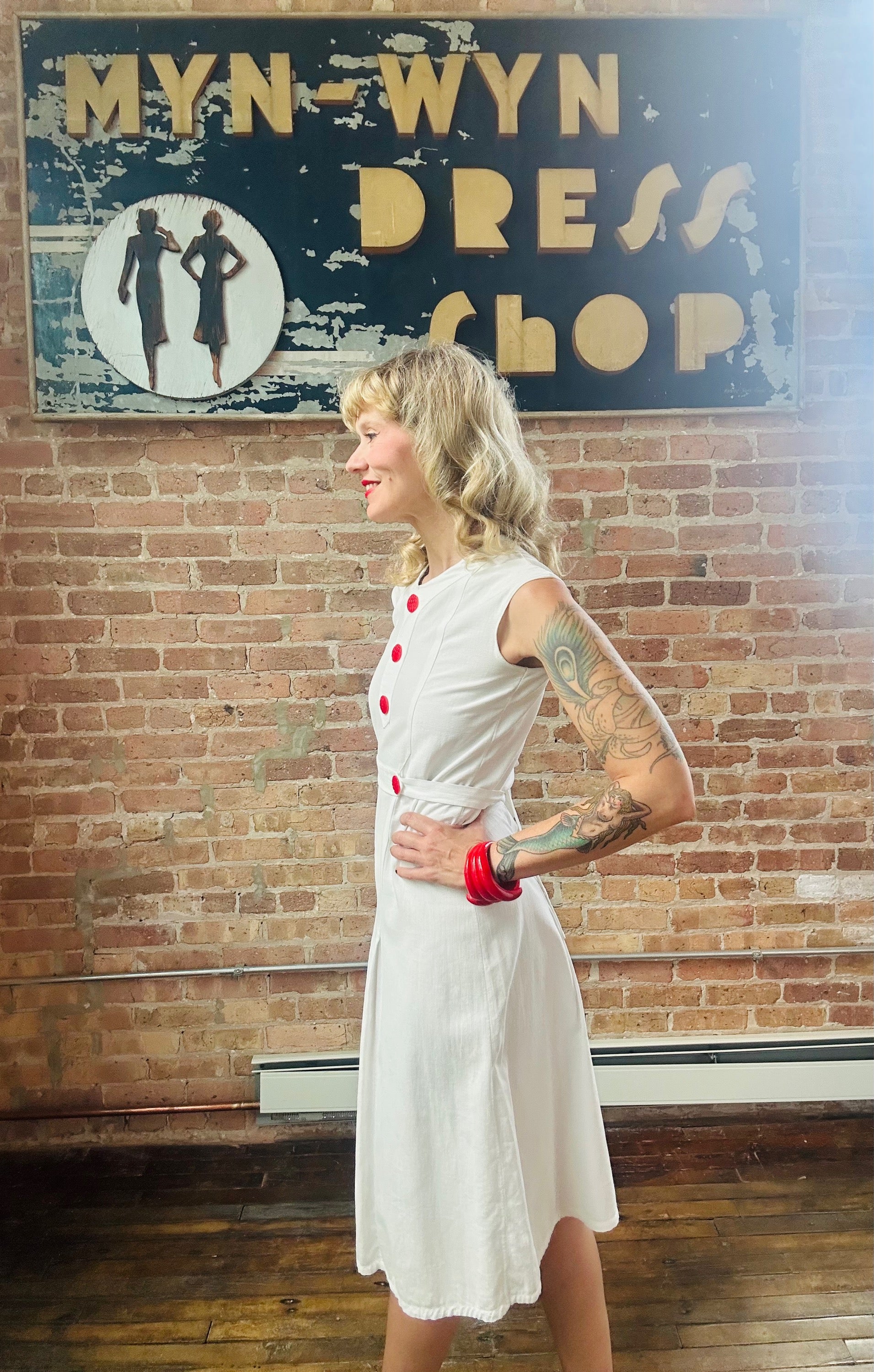 1930s White Deco Beach Dress - Small