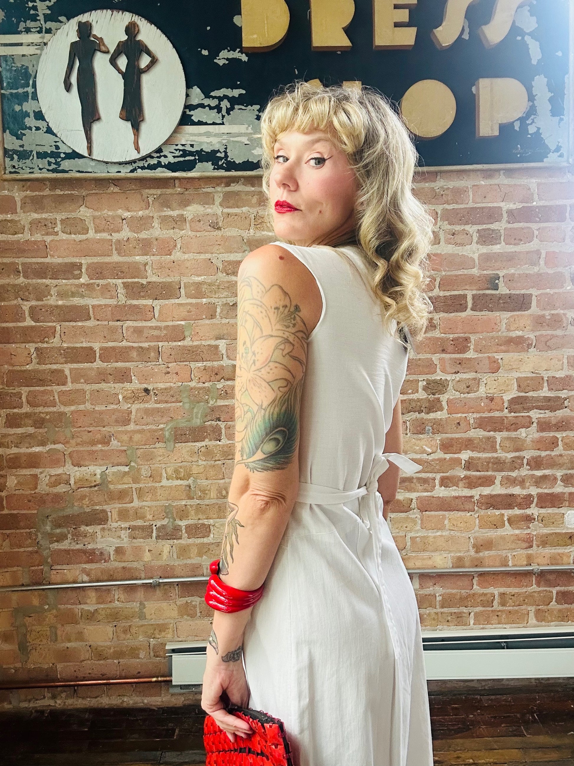1930s White Deco Beach Dress - Small