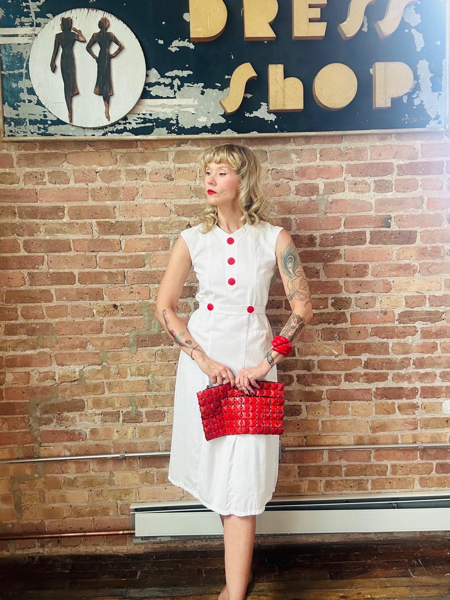 1930s White Deco Beach Dress - Small