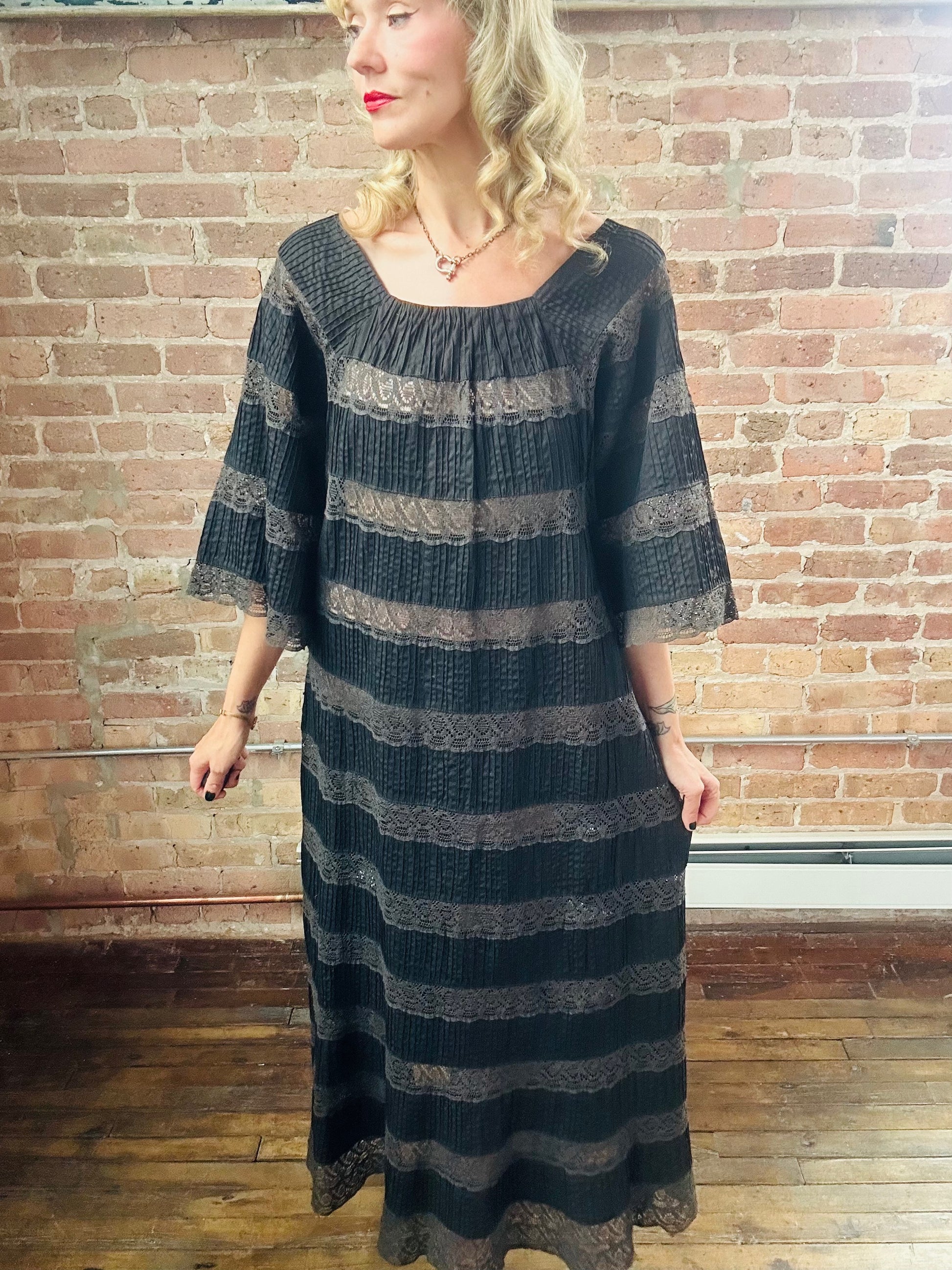 1970s Black Lace & Cotton Maxi Dress - Medium