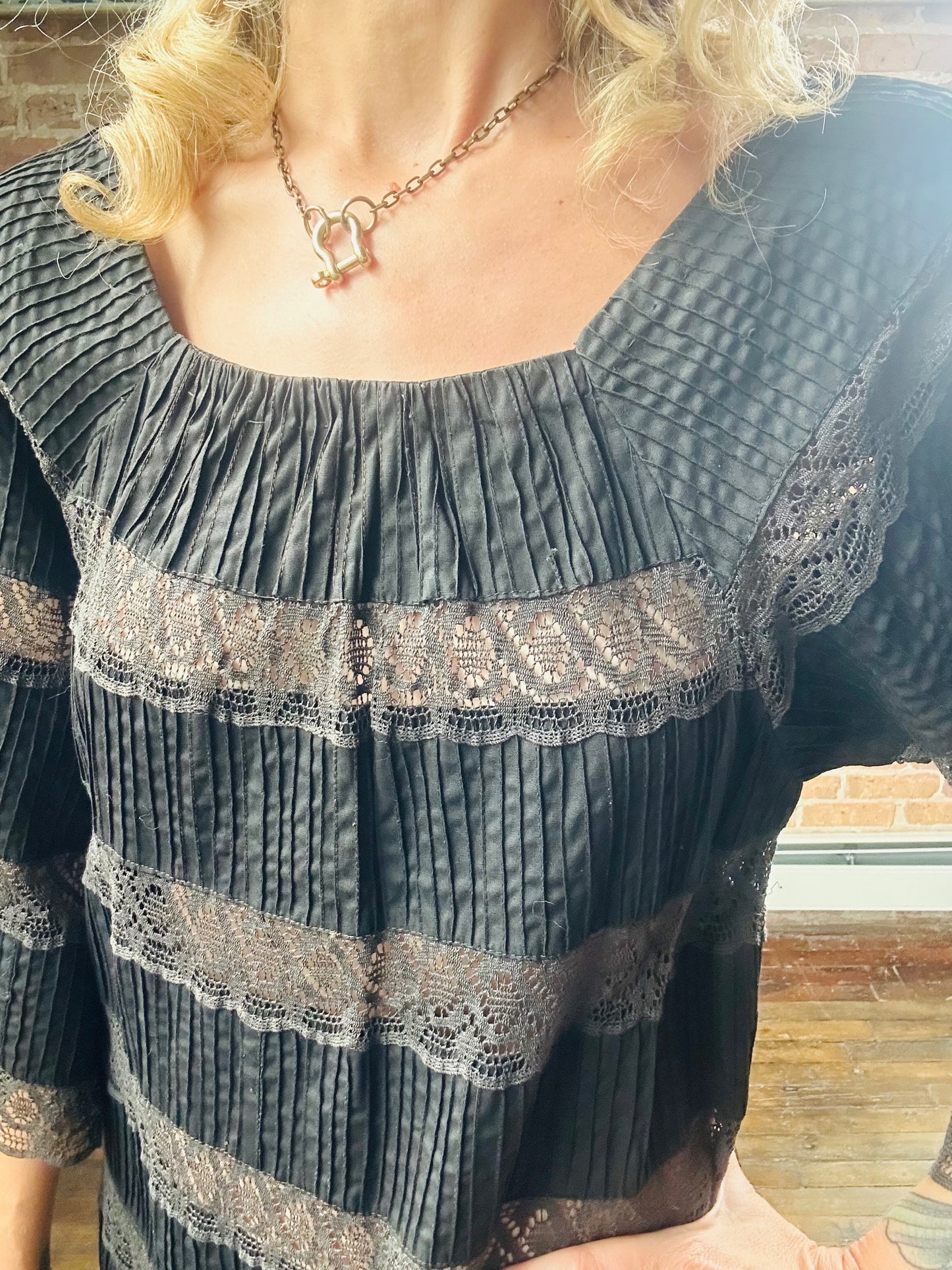1970s Black Lace & Cotton Maxi Dress - Medium