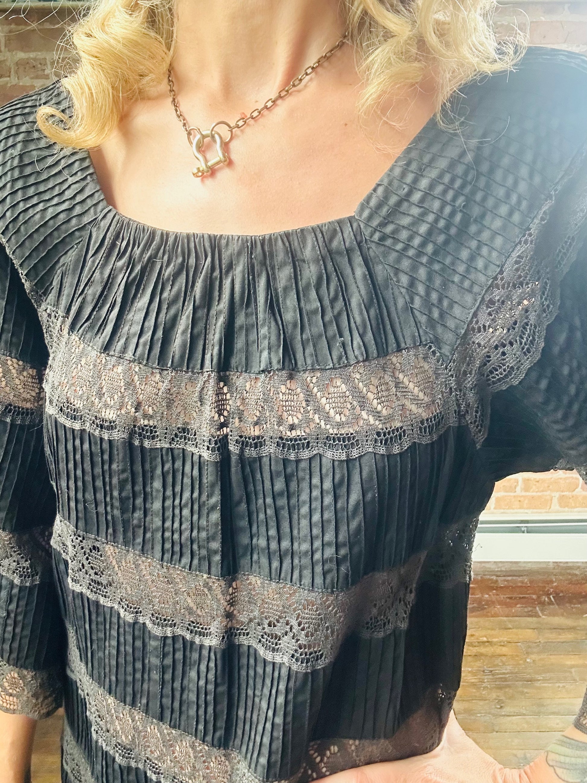 1970s Black Lace & Cotton Maxi Dress - Medium