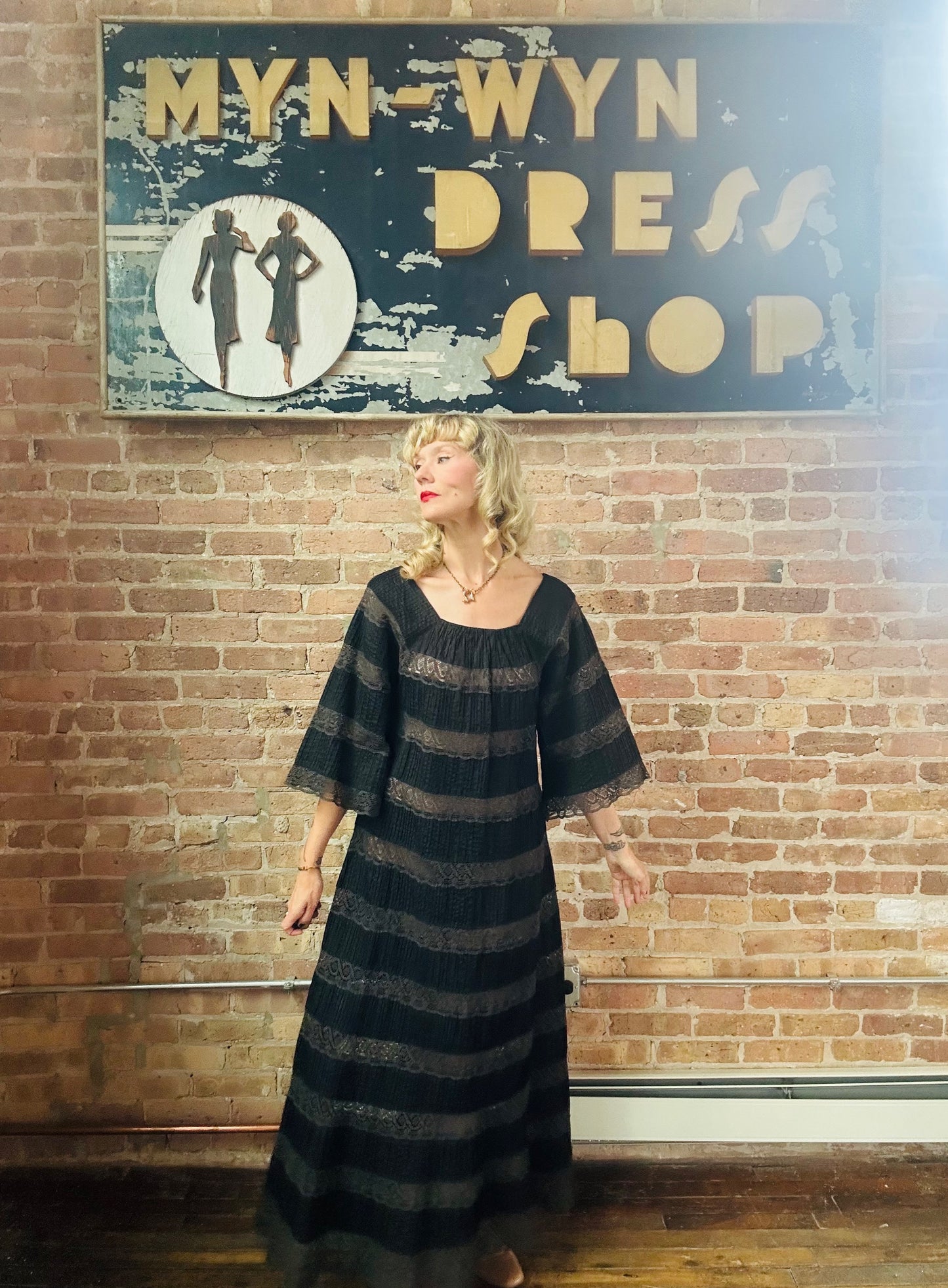 1970s Black Lace & Cotton Maxi Dress - Medium