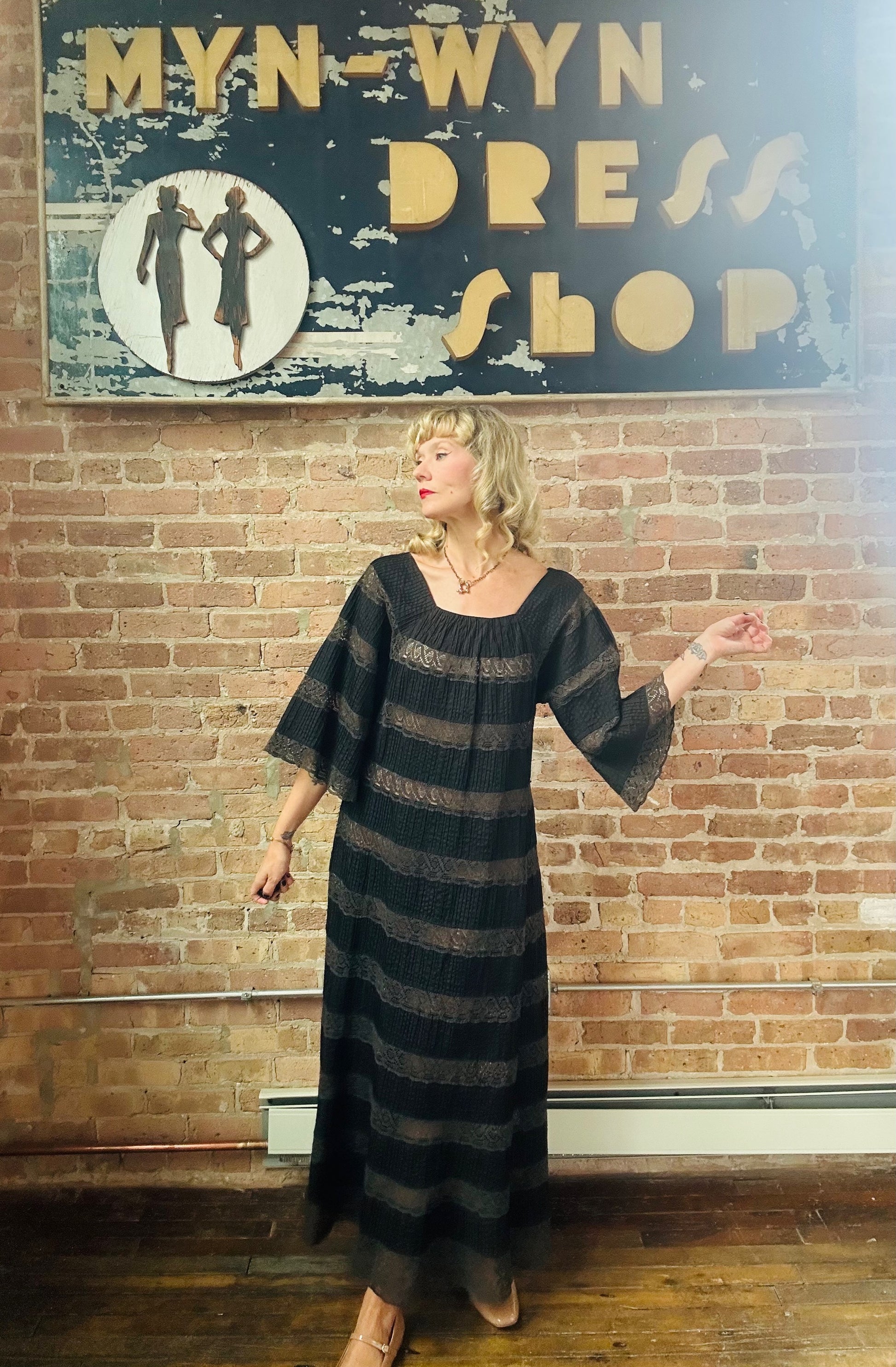 1970s Black Lace & Cotton Maxi Dress - Medium