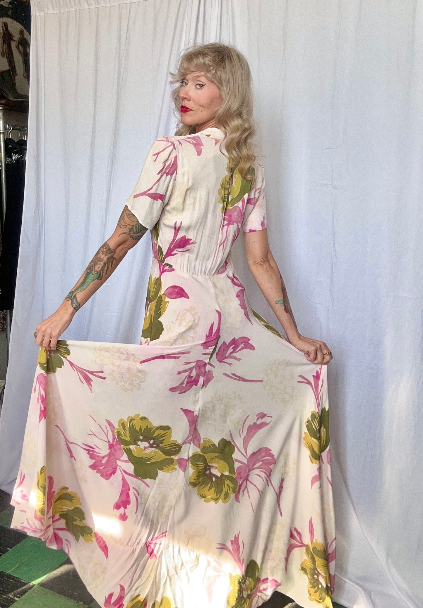 1930s Pink & Green Floral Rayon Gown - Medium