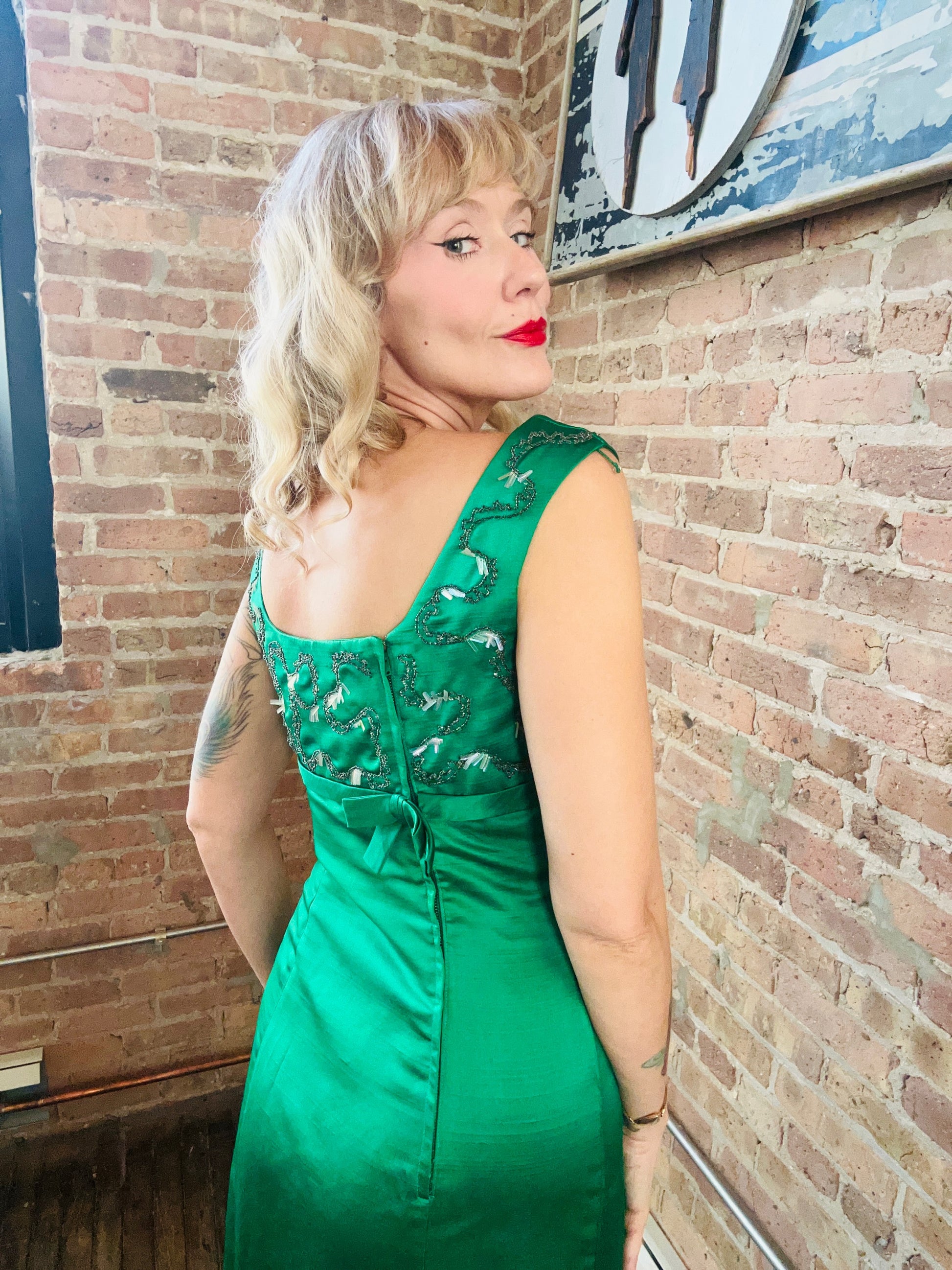 1960s Designer Ida Mae Emerald Silk Jeweled Gown - Small