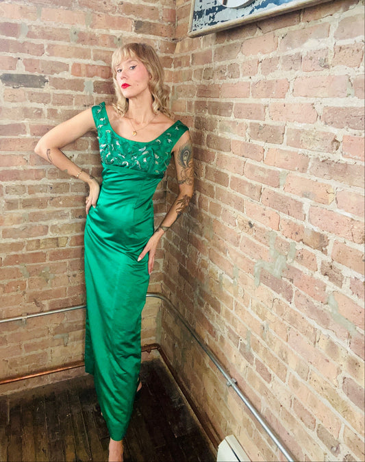 1960s Designer Ida Mae Emerald Silk Jeweled Gown - Small