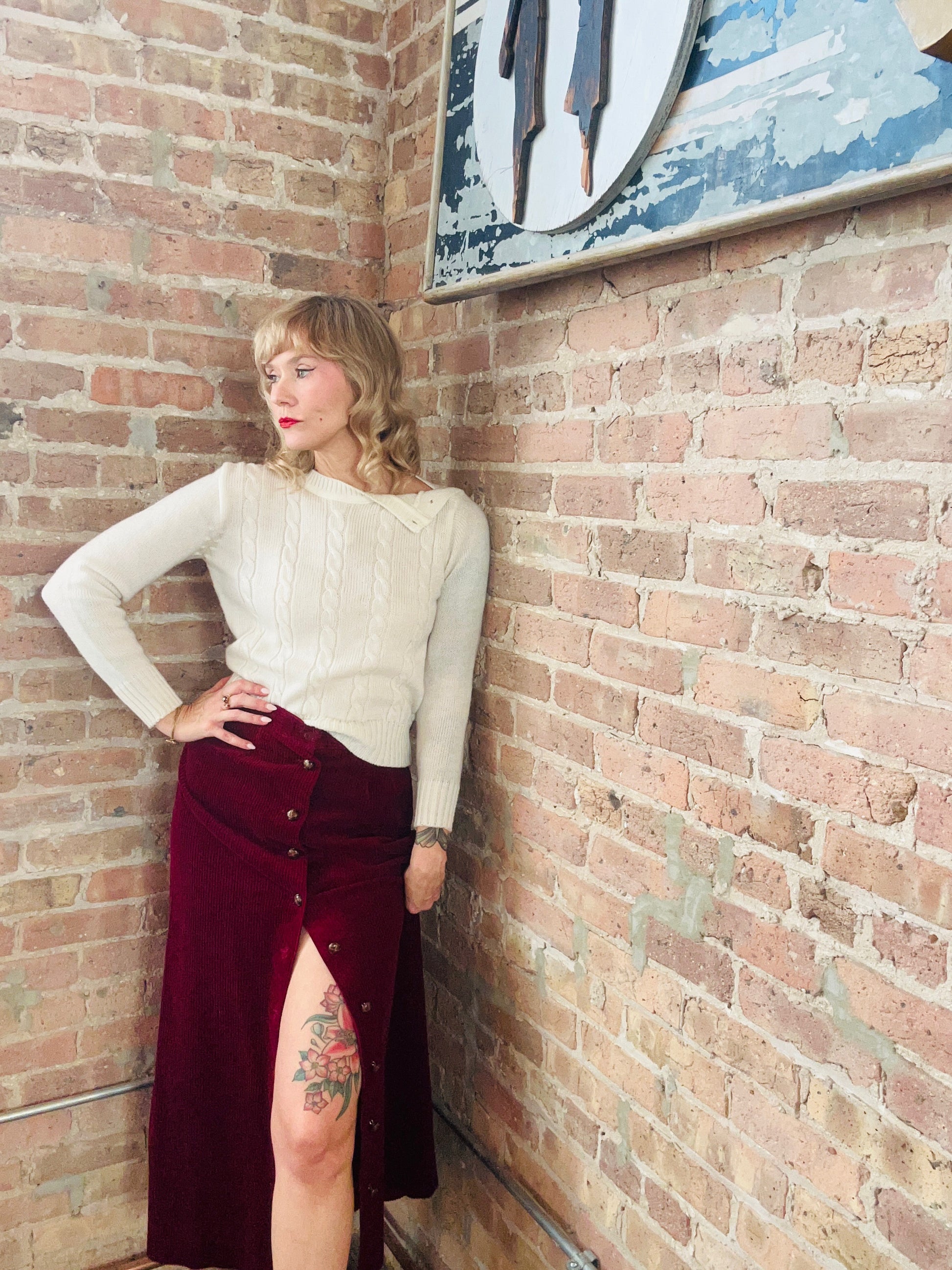 1970s Burgundy Corduroy Maxi Skirt - Medium