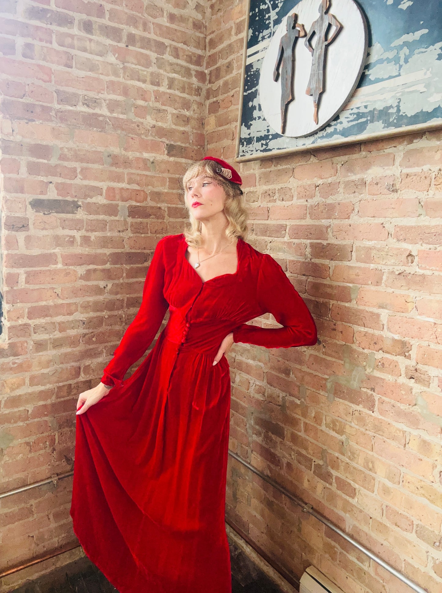 1940s Red Velvet Hat with Black Veil and Pearls with Rhinestones