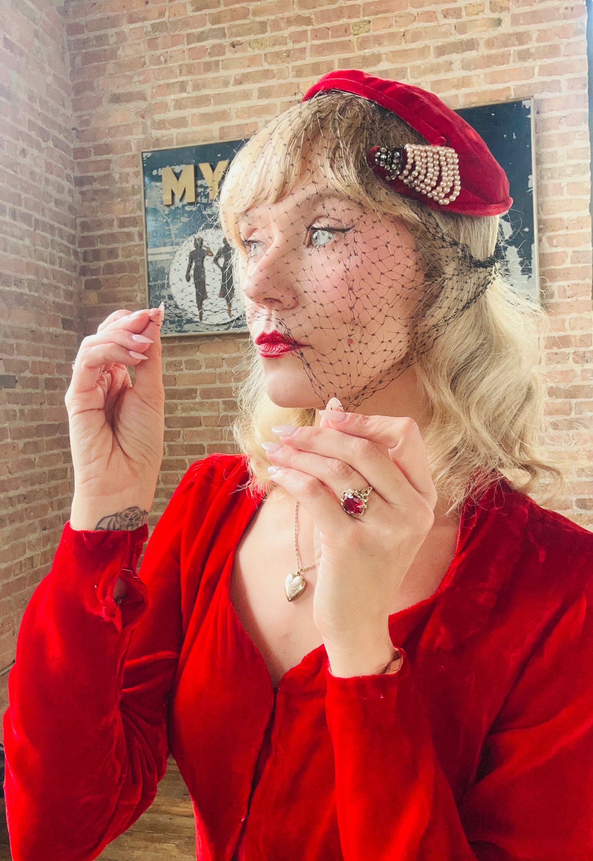 1940s Red Velvet Hat with Black Veil and Pearls with Rhinestones
