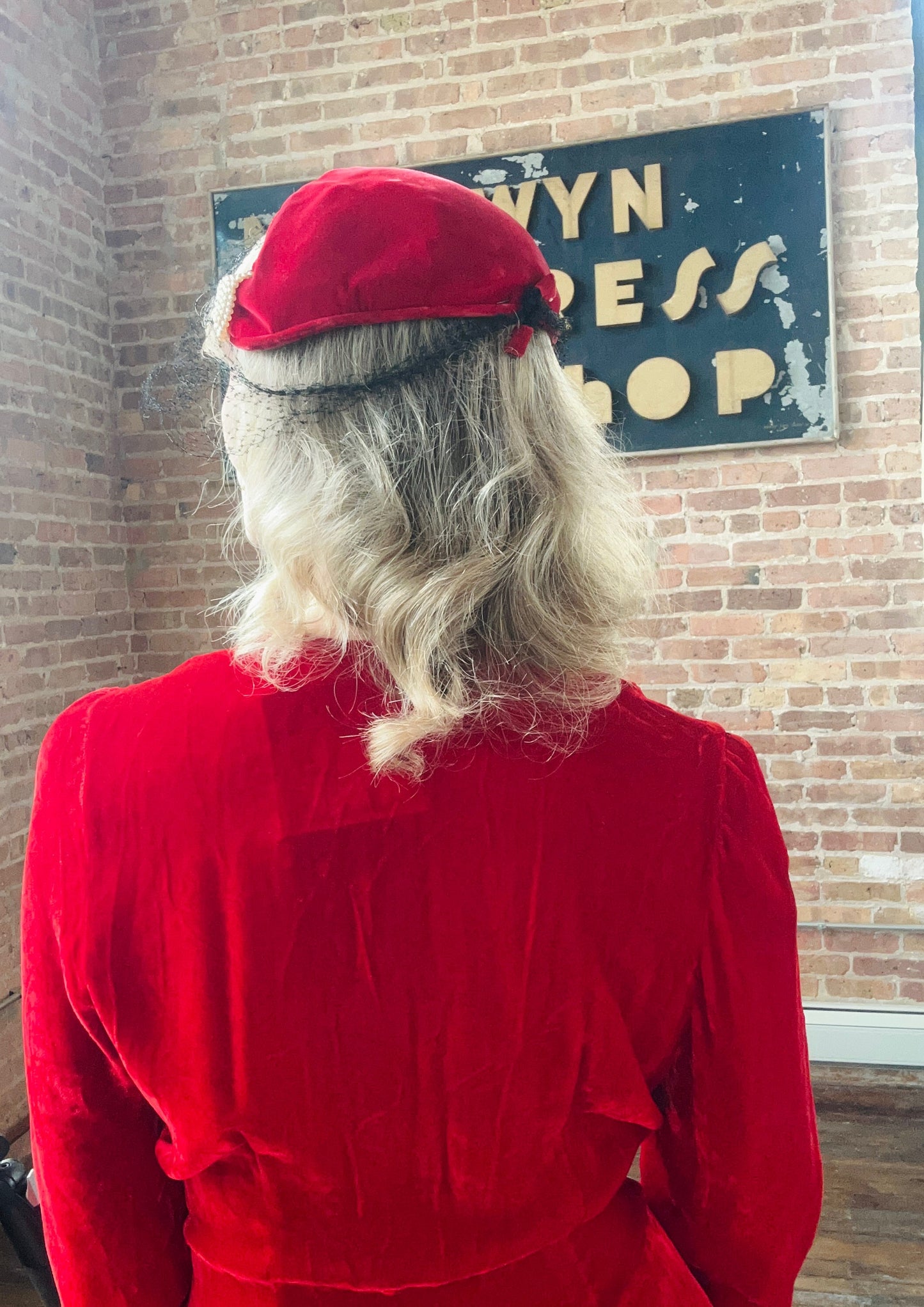 1940s Red Velvet Hat with Black Veil and Pearls with Rhinestones