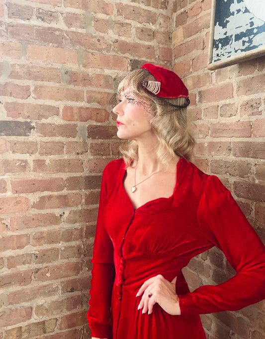 1940s Red Velvet Hat with Black Veil and Pearls with Rhinestones