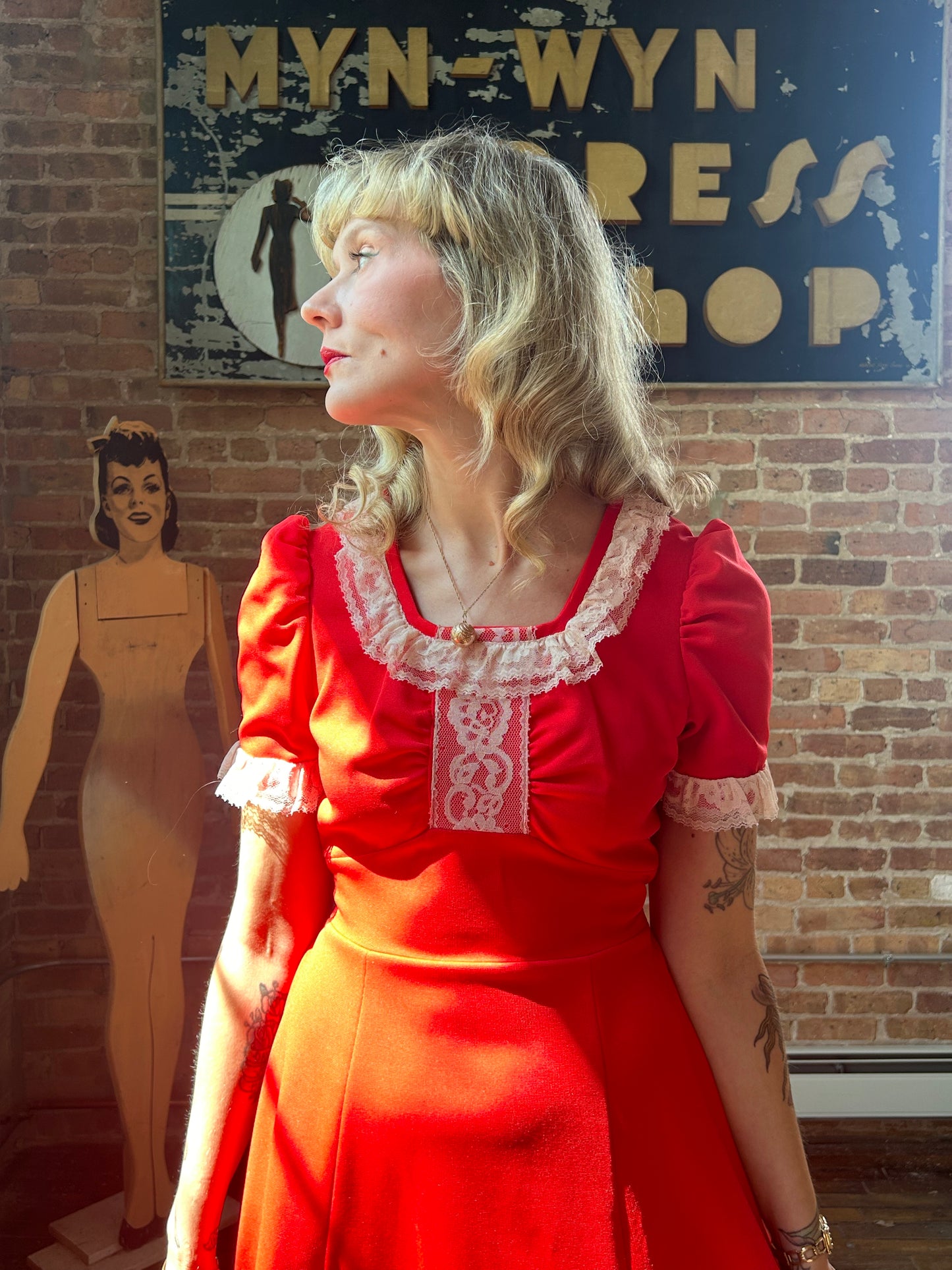 1970s Bright Red Babydoll Dress - Medium