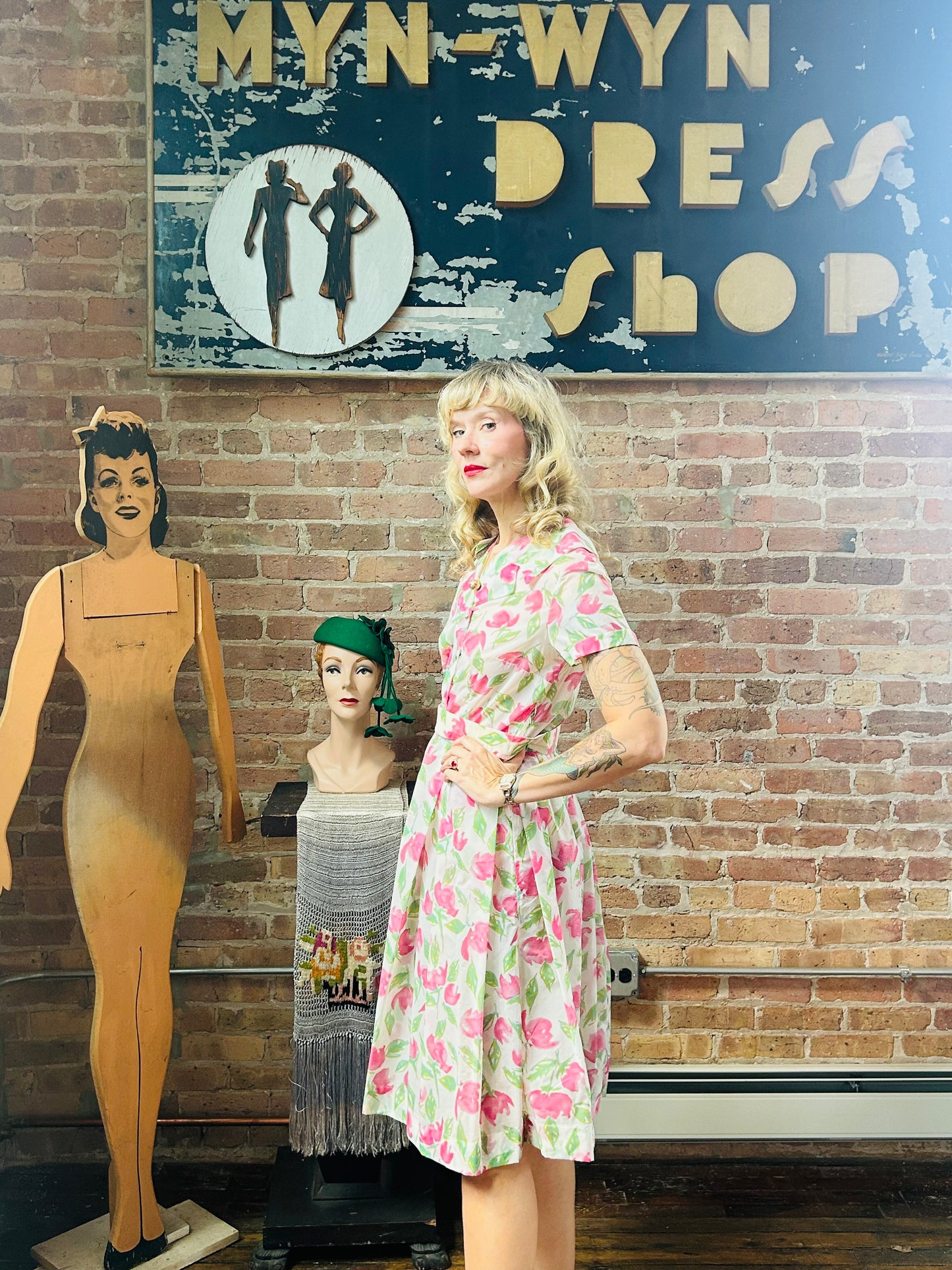 1950s Pink Flower Semi Sheer Dress - Medium