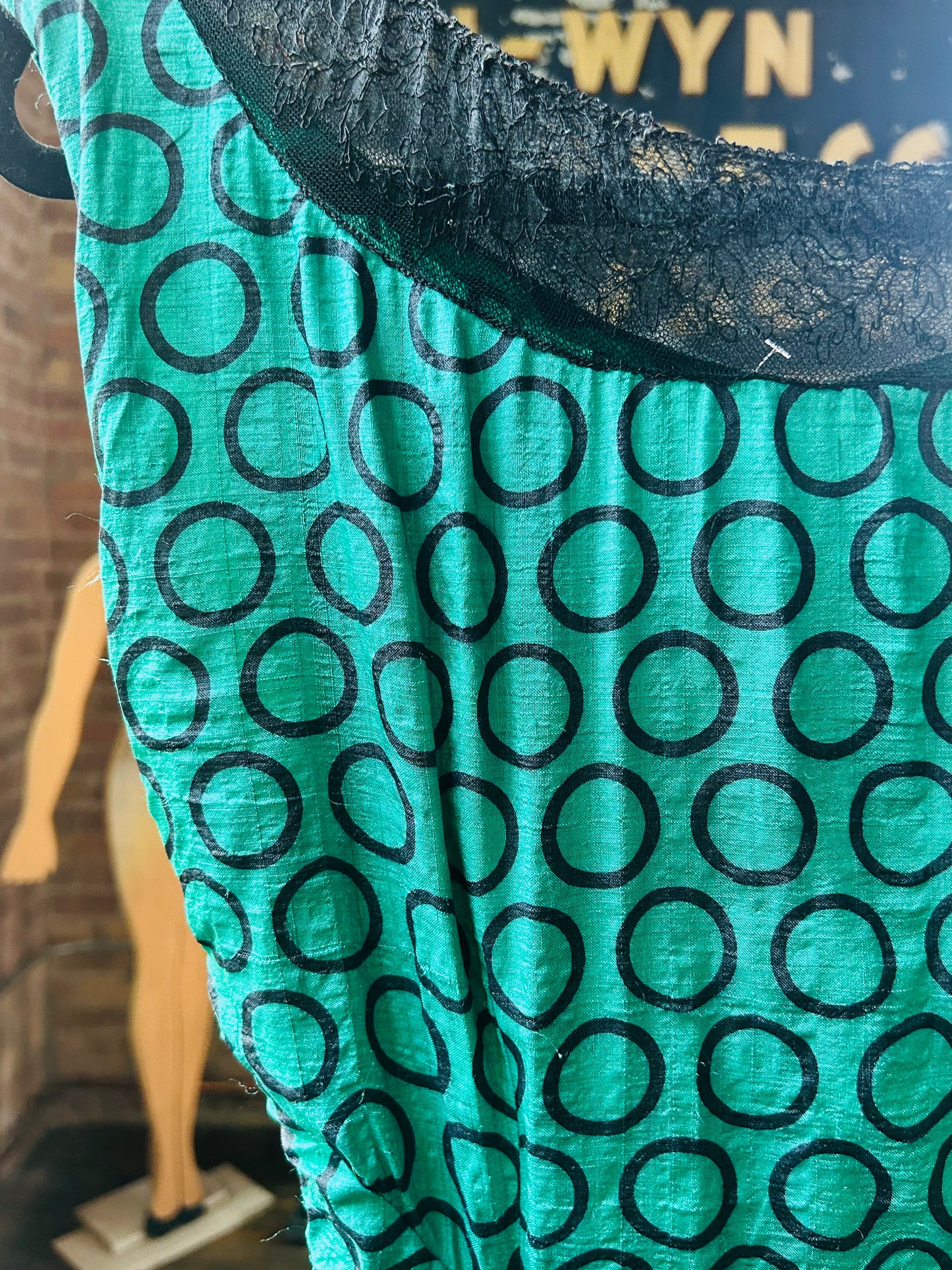 1940s Teal and Black Silk Dress - Small