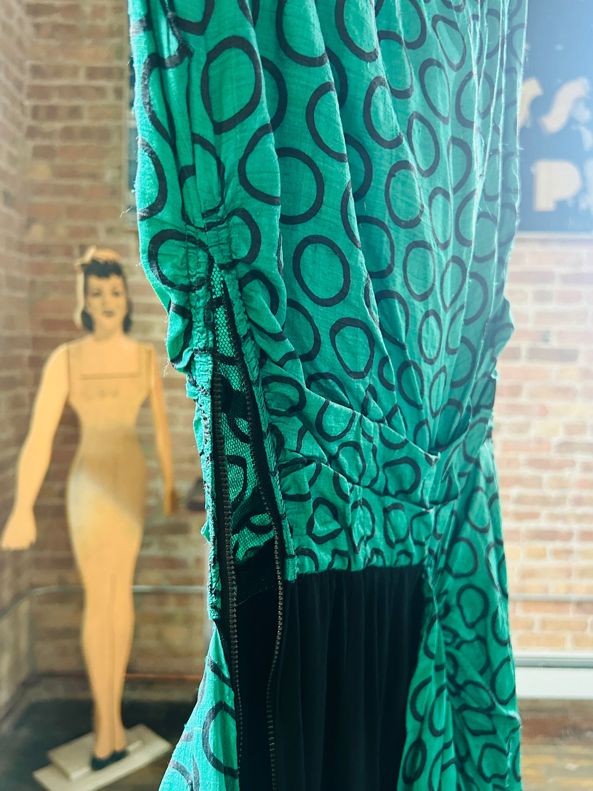 1940s Teal and Black Silk Dress - Small