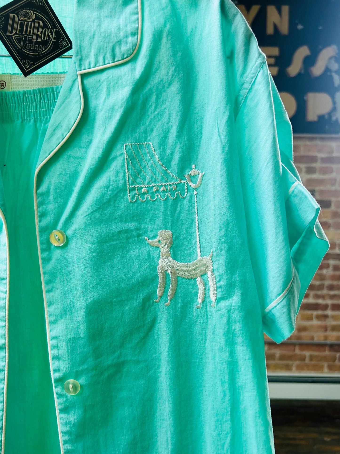 1950s Teal Poodle 2pc Pj Pant Set - S/M