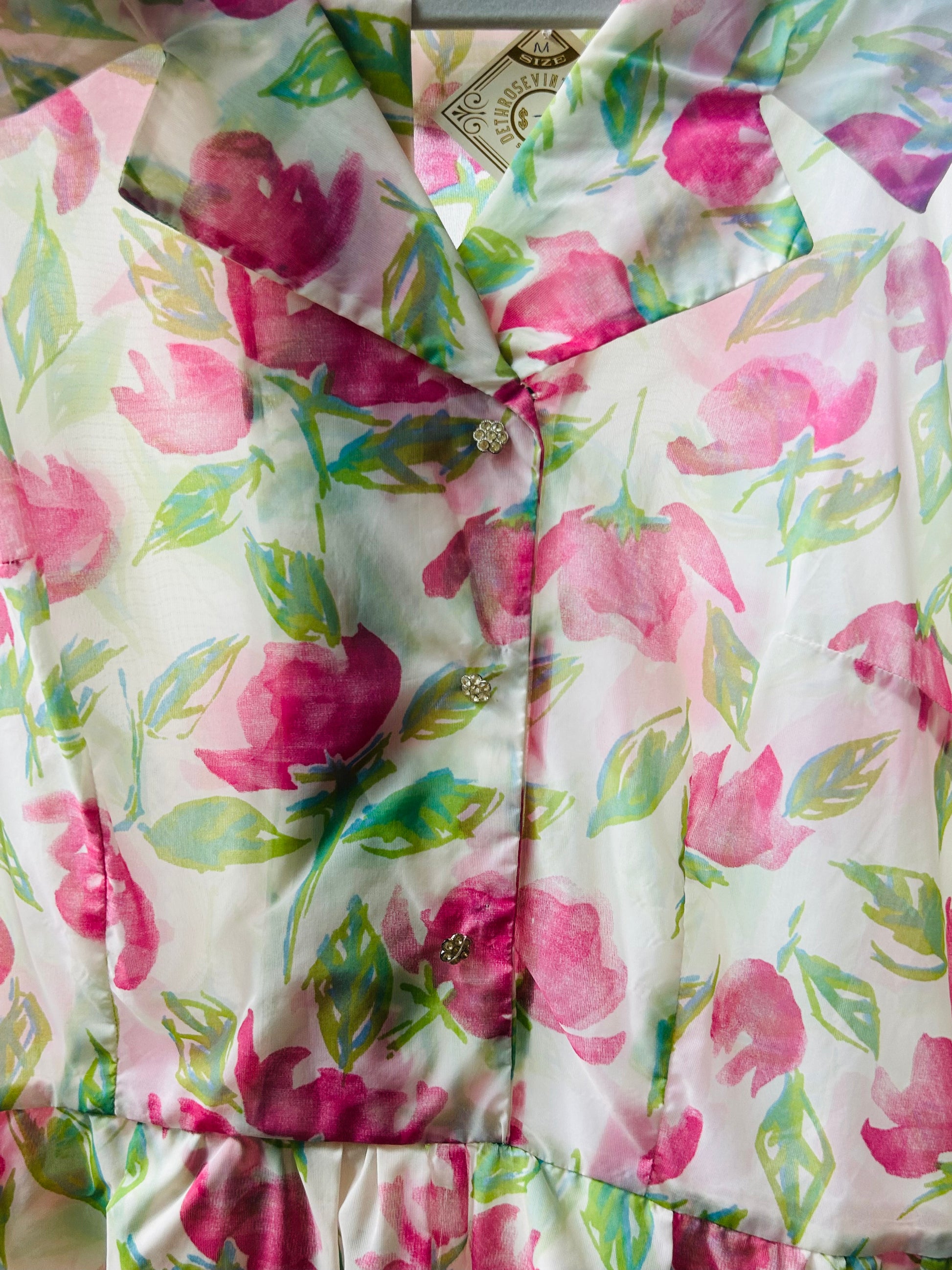 1950s Pink Flower Semi Sheer Dress - Medium