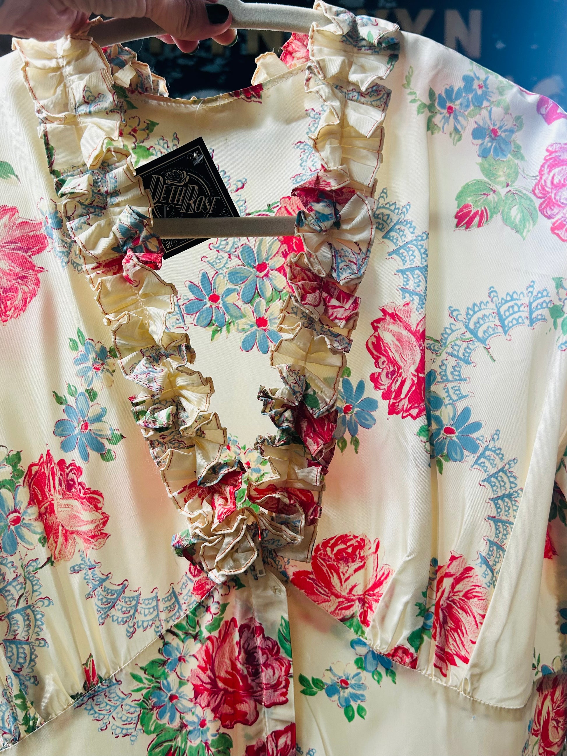 1940s Basket of Flowers Taffeta Dressing Gown - Large