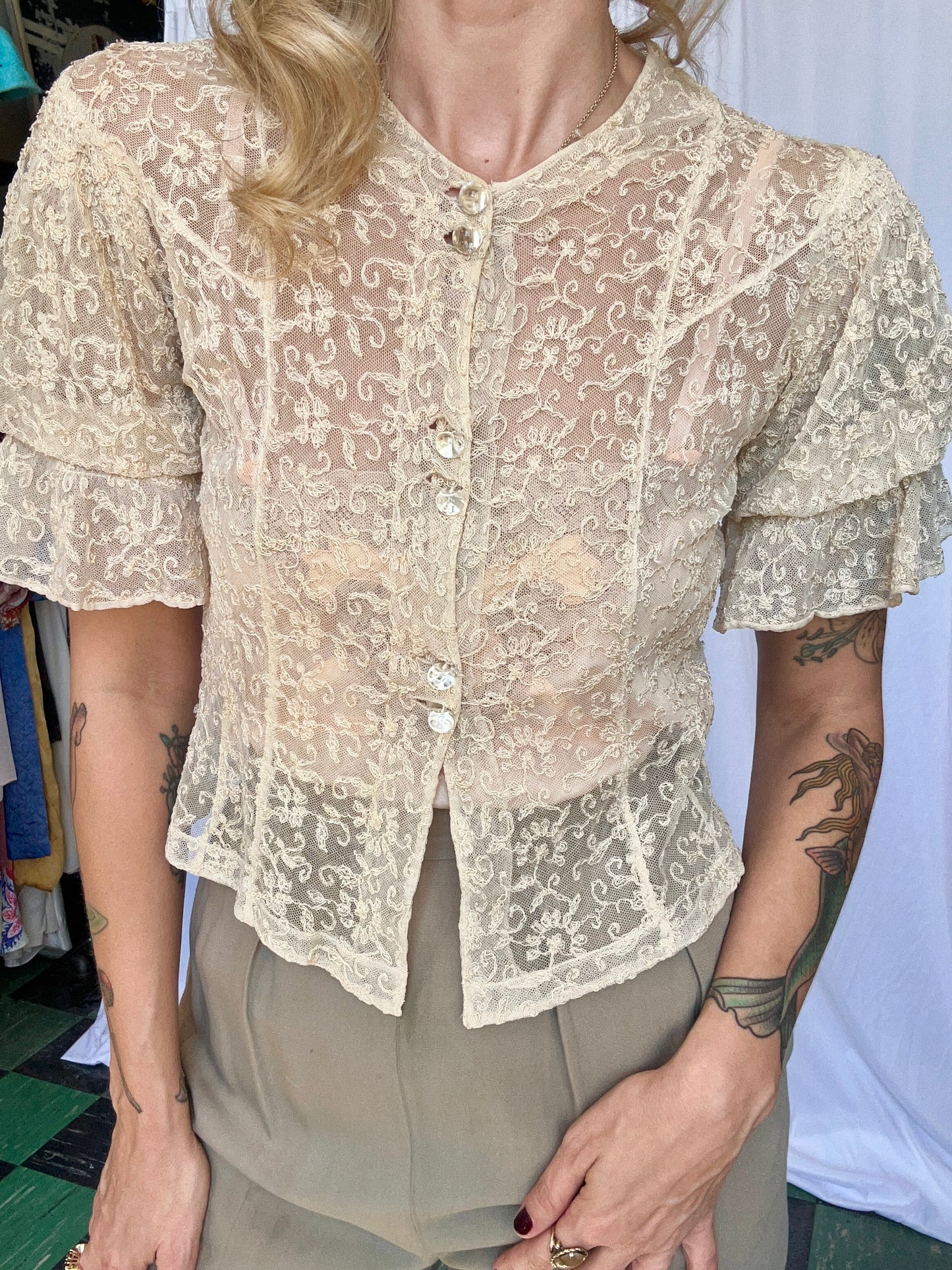 1930s Lace Blouse with Glass Buttons - Small