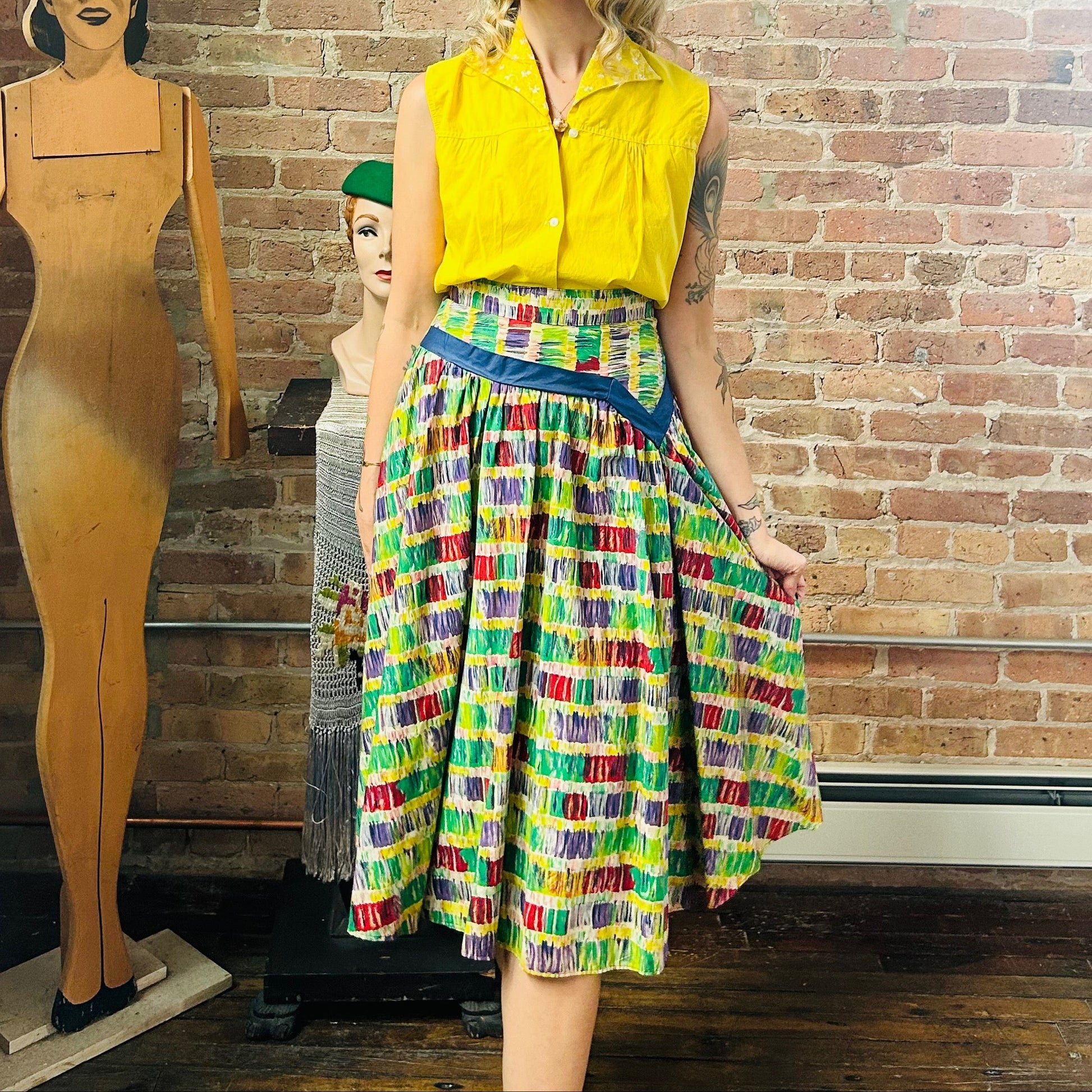 1950s Colorful lBrushstroke Plaid Skirt - 29" waist