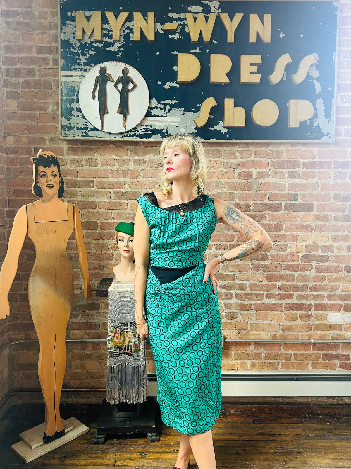 1940s Teal and Black Silk Dress - Small