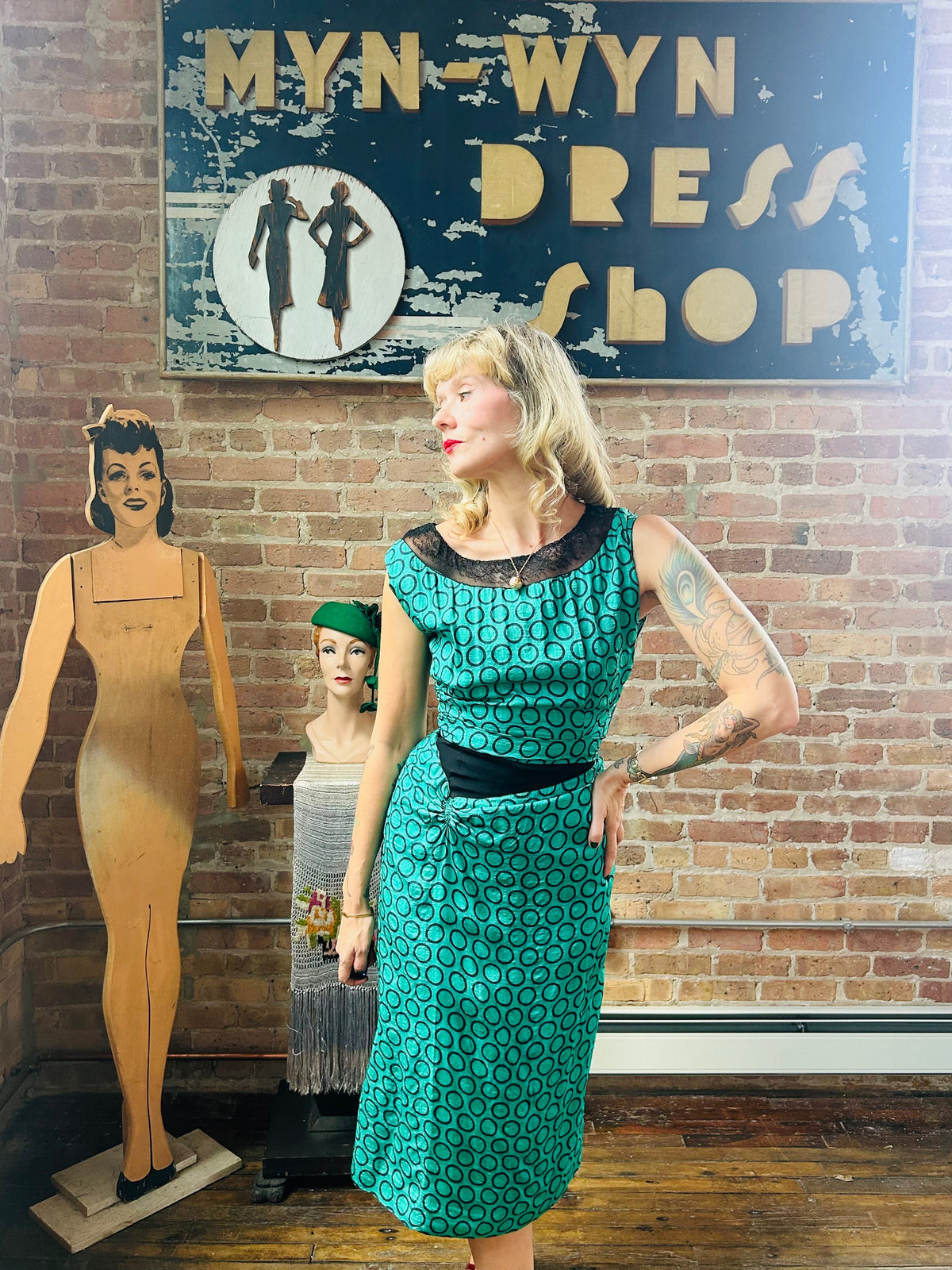 1940s Teal and Black Silk Dress - Small