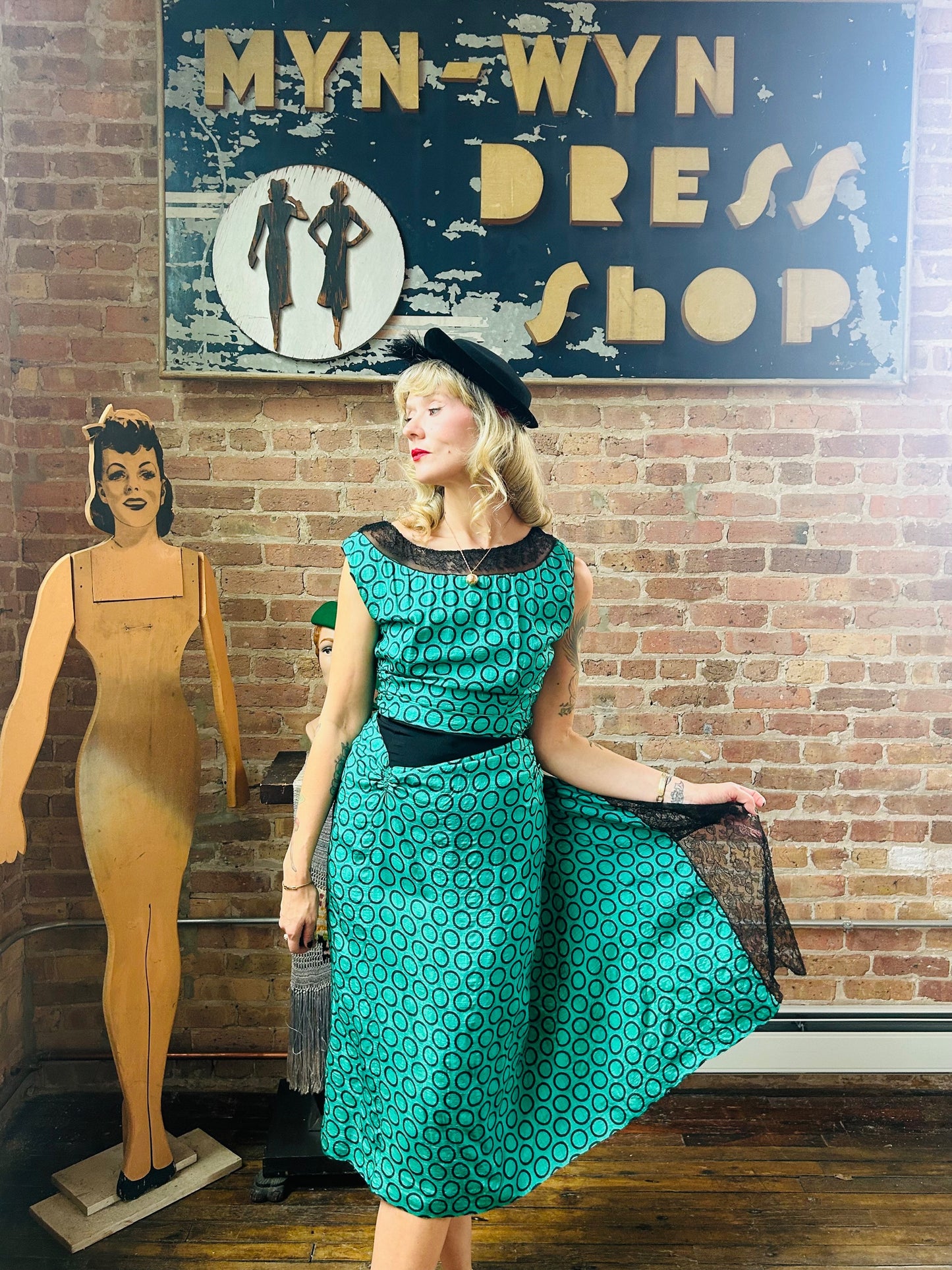 1940s Teal and Black Silk Dress - Small