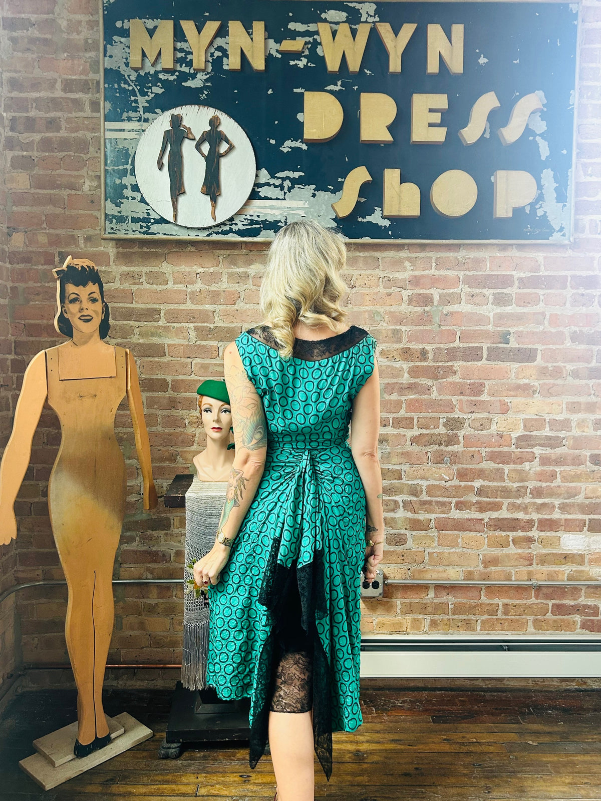 1940s Teal and Black Silk Dress - Small