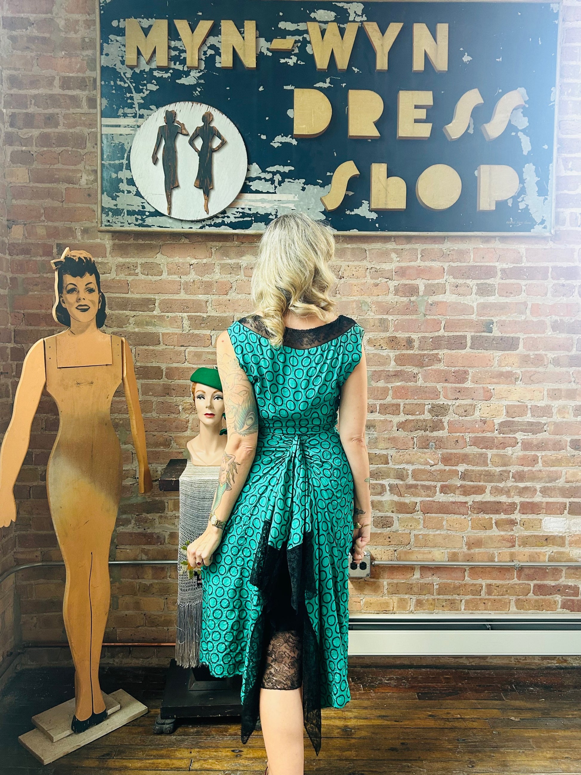 1940s Teal and Black Silk Dress - Small