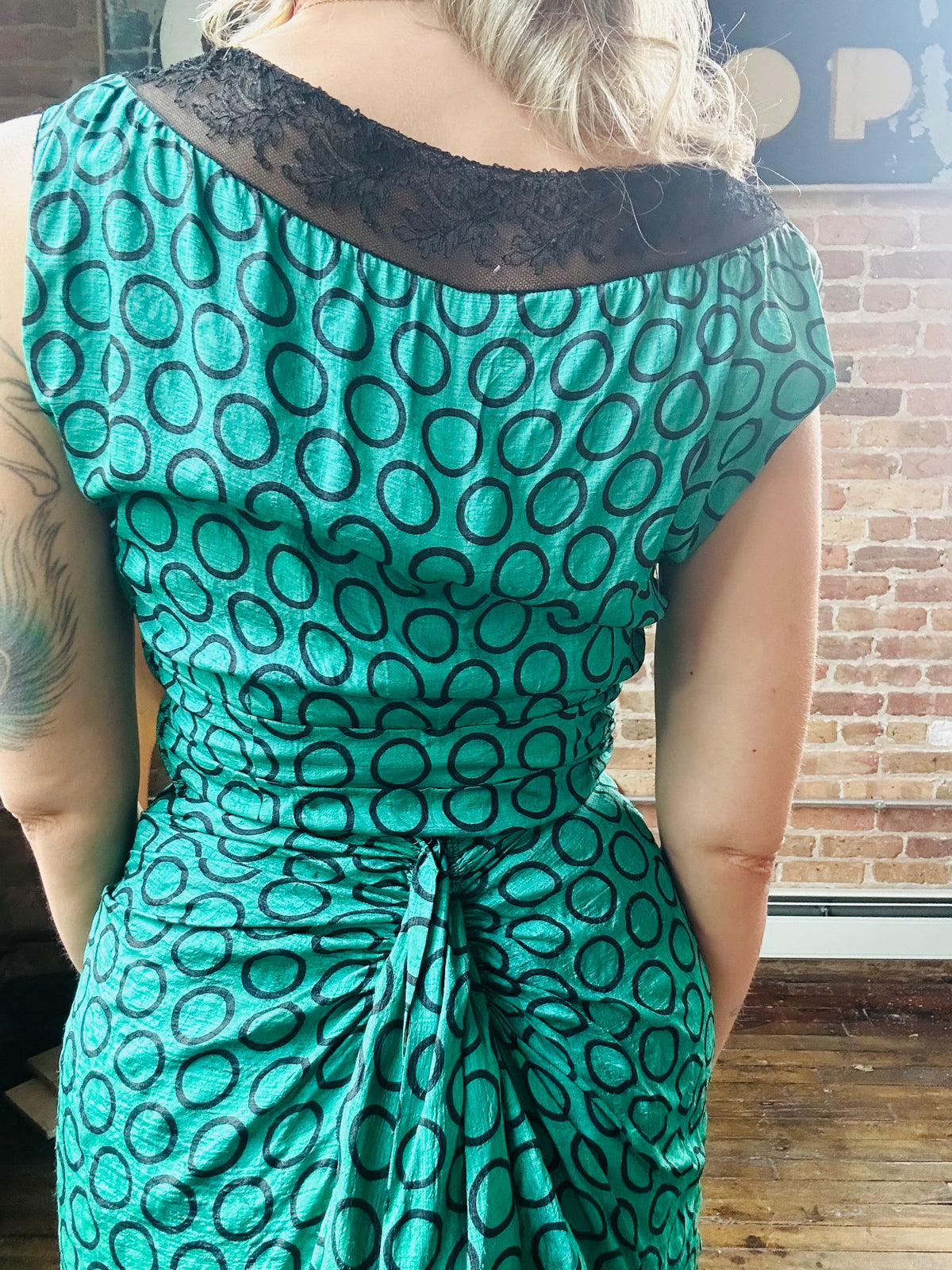 1940s Teal and Black Silk Dress - Small