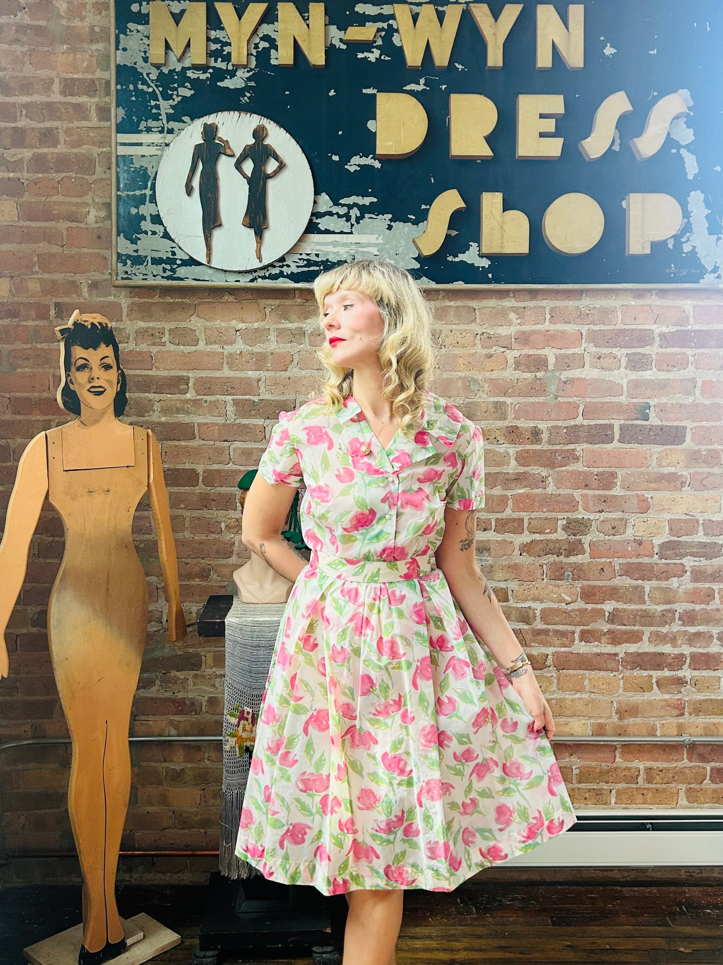 1950s Pink Flower Semi Sheer Dress - Medium
